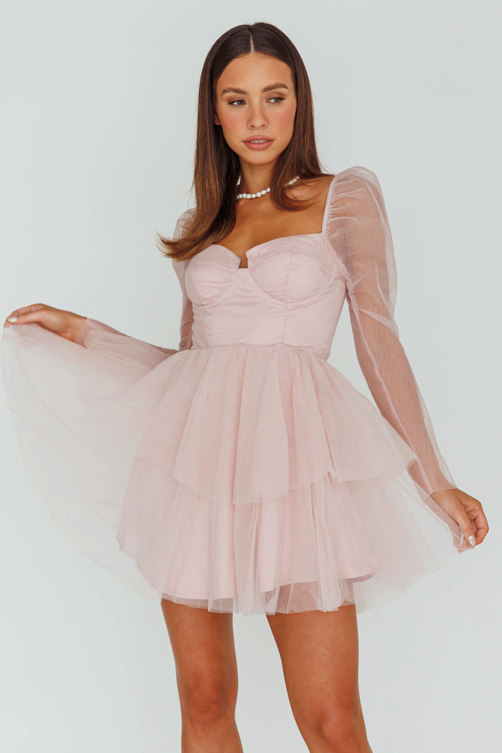 Veola Long Sleeve Tulle Mini Dress Blush by Selfie Leslie Australia