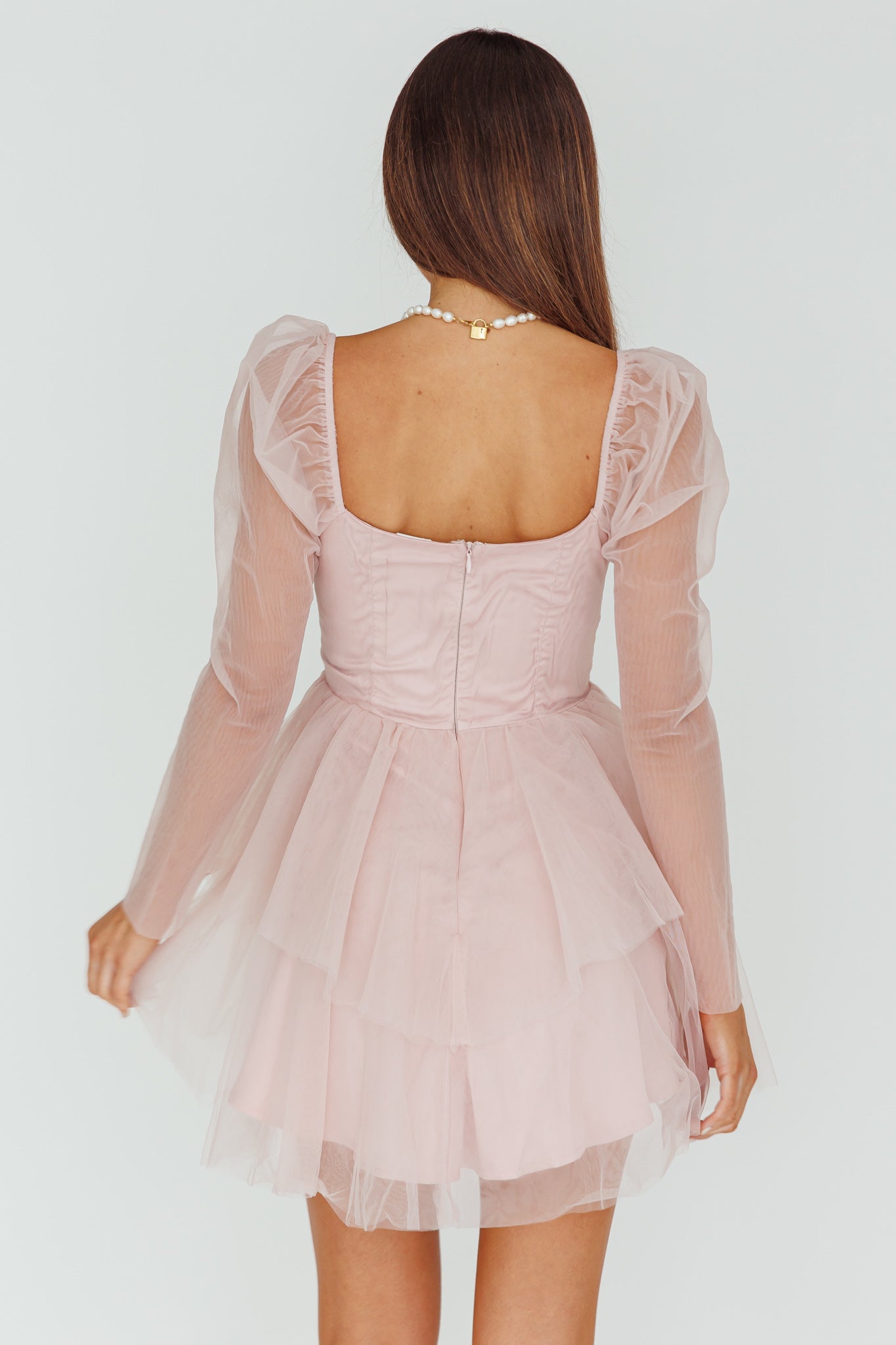 Veola Long Sleeve Tulle Mini Dress Blush by Selfie Leslie Australia
