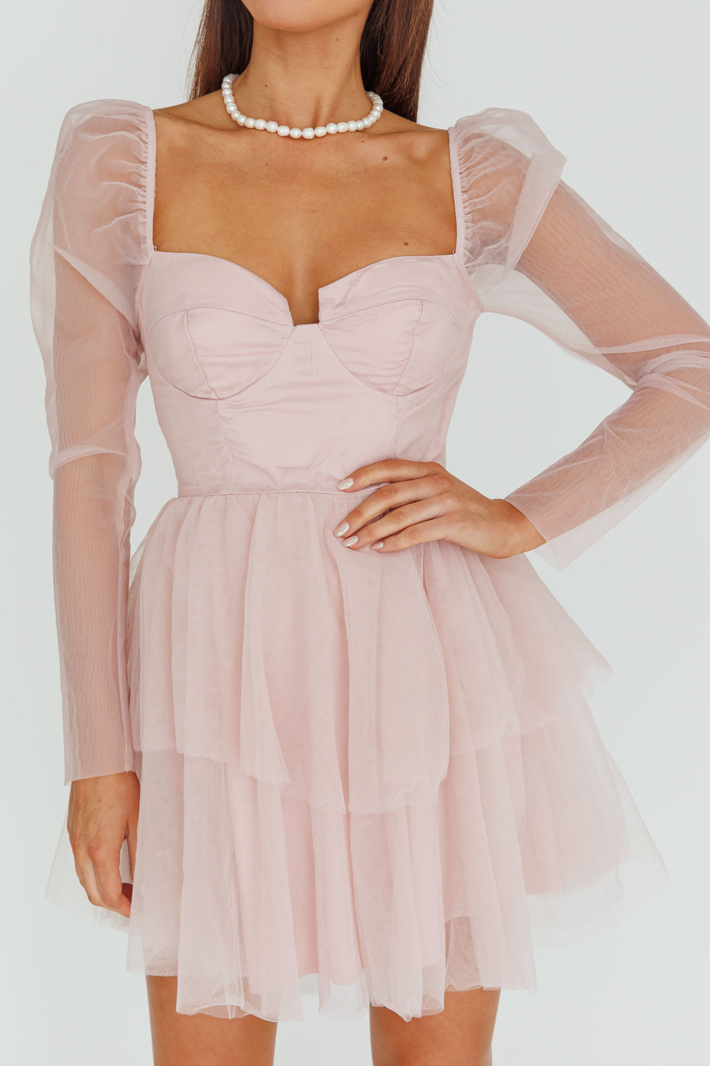 Veola Long Sleeve Tulle Mini Dress Blush by Selfie Leslie Australia