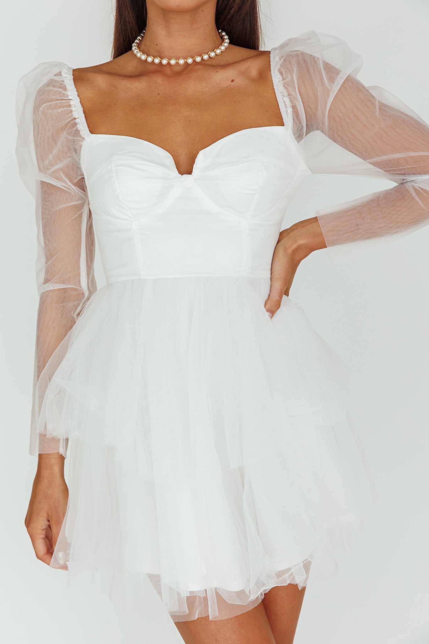 Veola Long Sleeve Tulle Mini Dress White by Selfie Leslie Australia