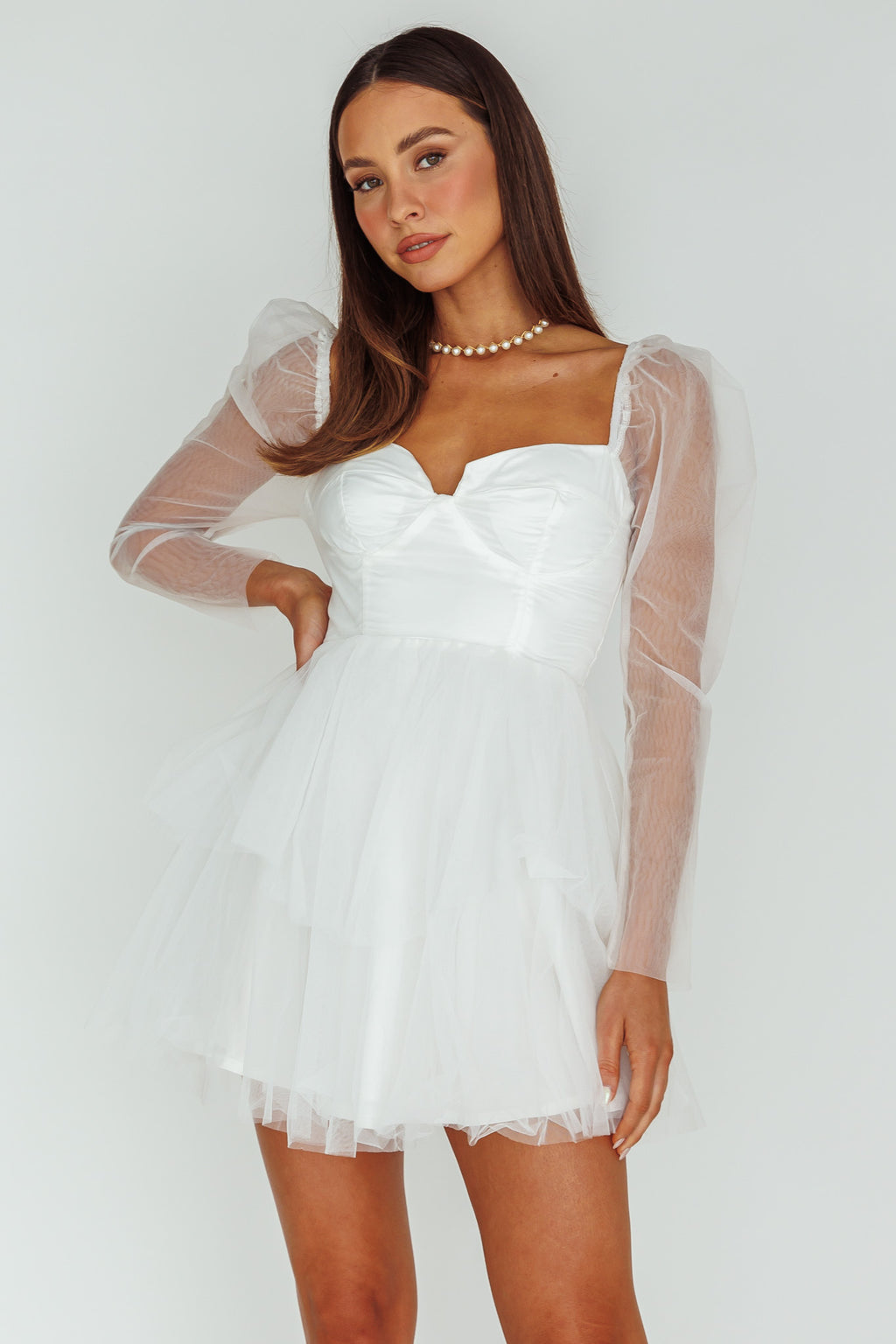 Veola Long Sleeve Tulle Mini Dress White by Selfie Leslie Australia