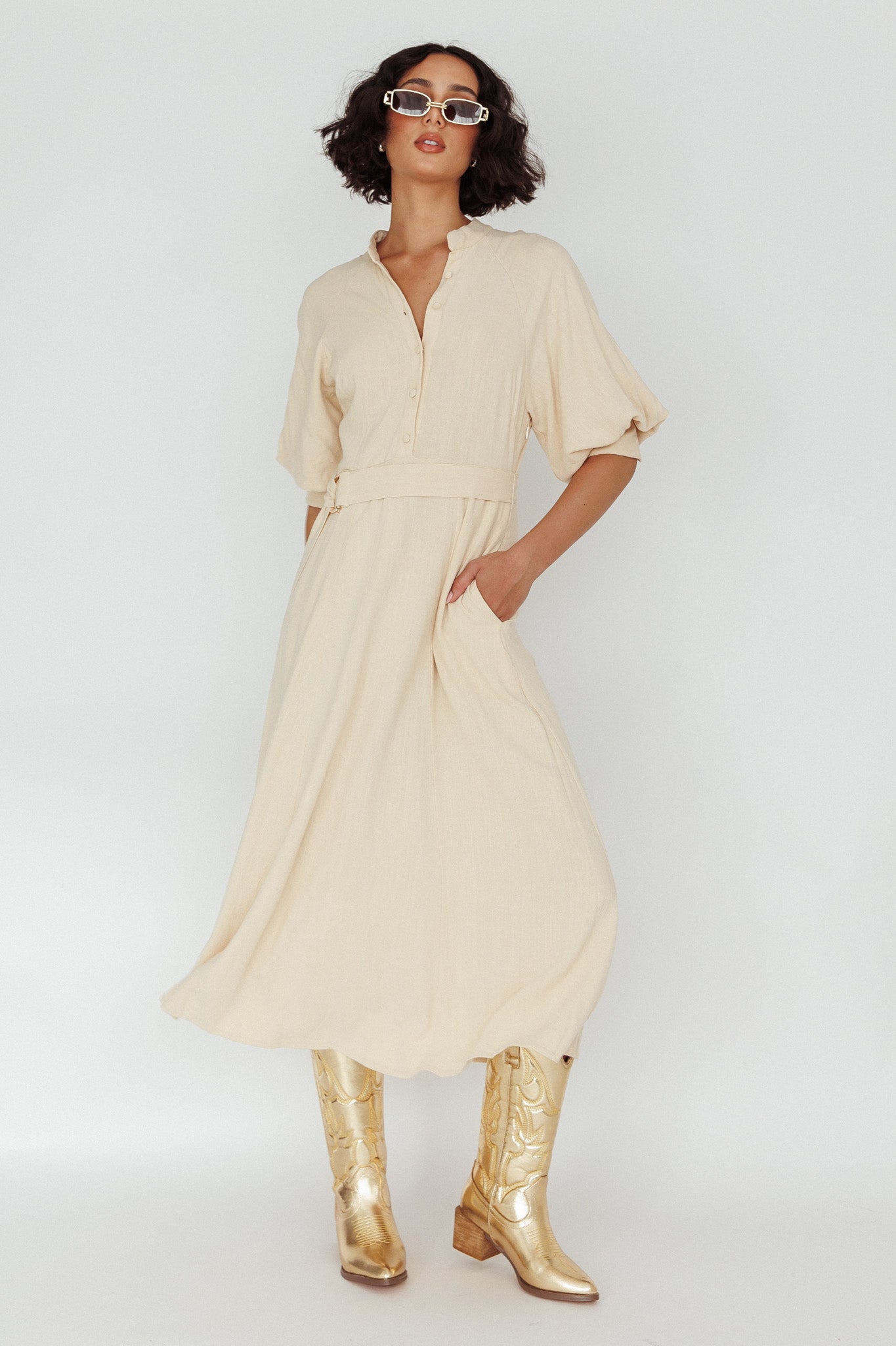Mallory Belted Waist Lantern Sleeve Midi Dress Beige by Selfie Leslie Australia