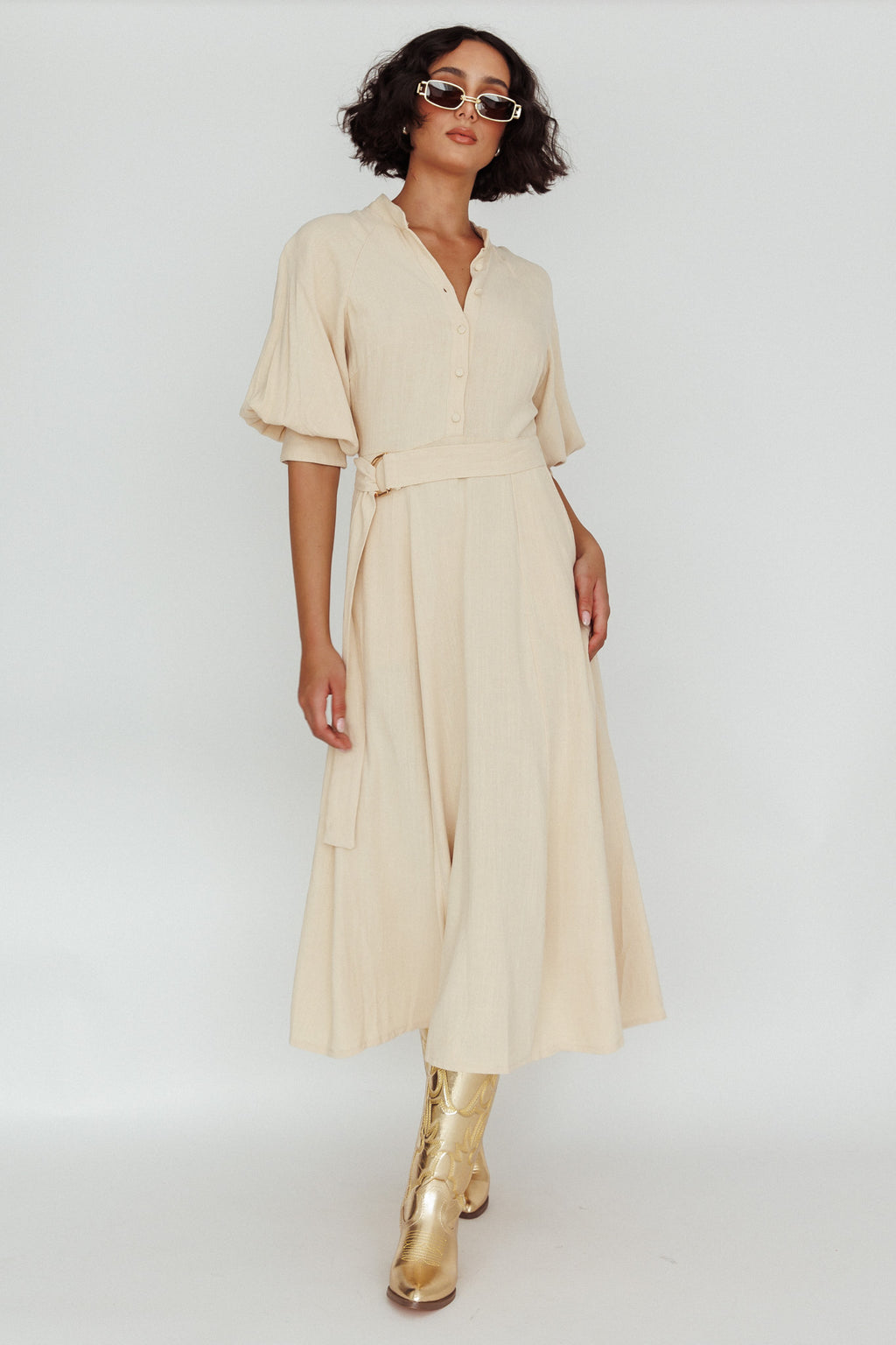 Mallory Belted Waist Lantern Sleeve Midi Dress Beige by Selfie Leslie Australia