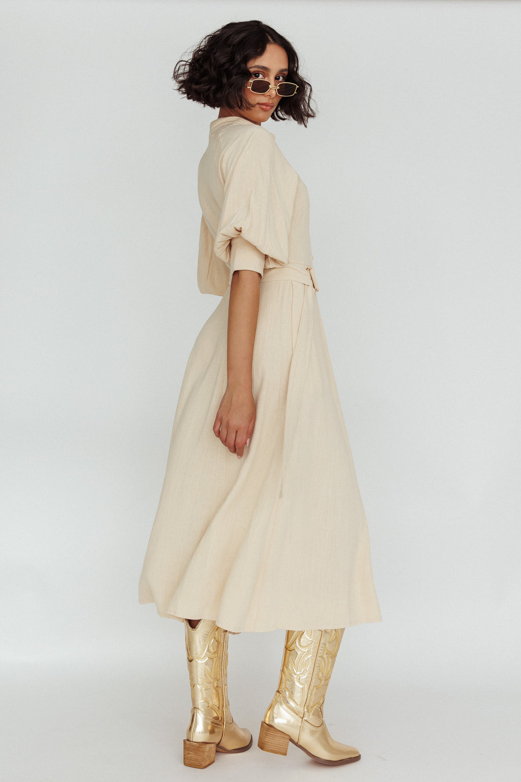 Mallory Belted Waist Lantern Sleeve Midi Dress Beige by Selfie Leslie Australia