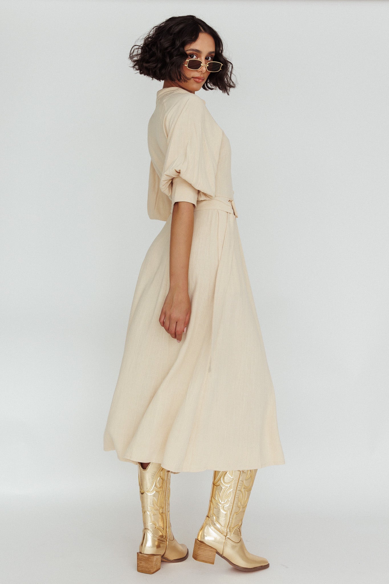 Mallory Belted Waist Lantern Sleeve Midi Dress Beige by Selfie Leslie Australia