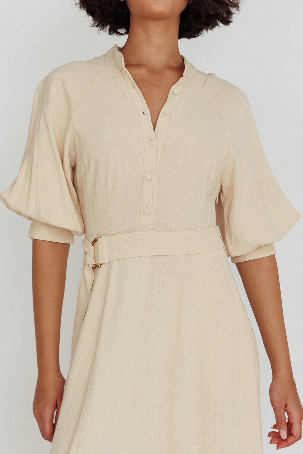 Mallory Belted Waist Lantern Sleeve Midi Dress Beige by Selfie Leslie Australia