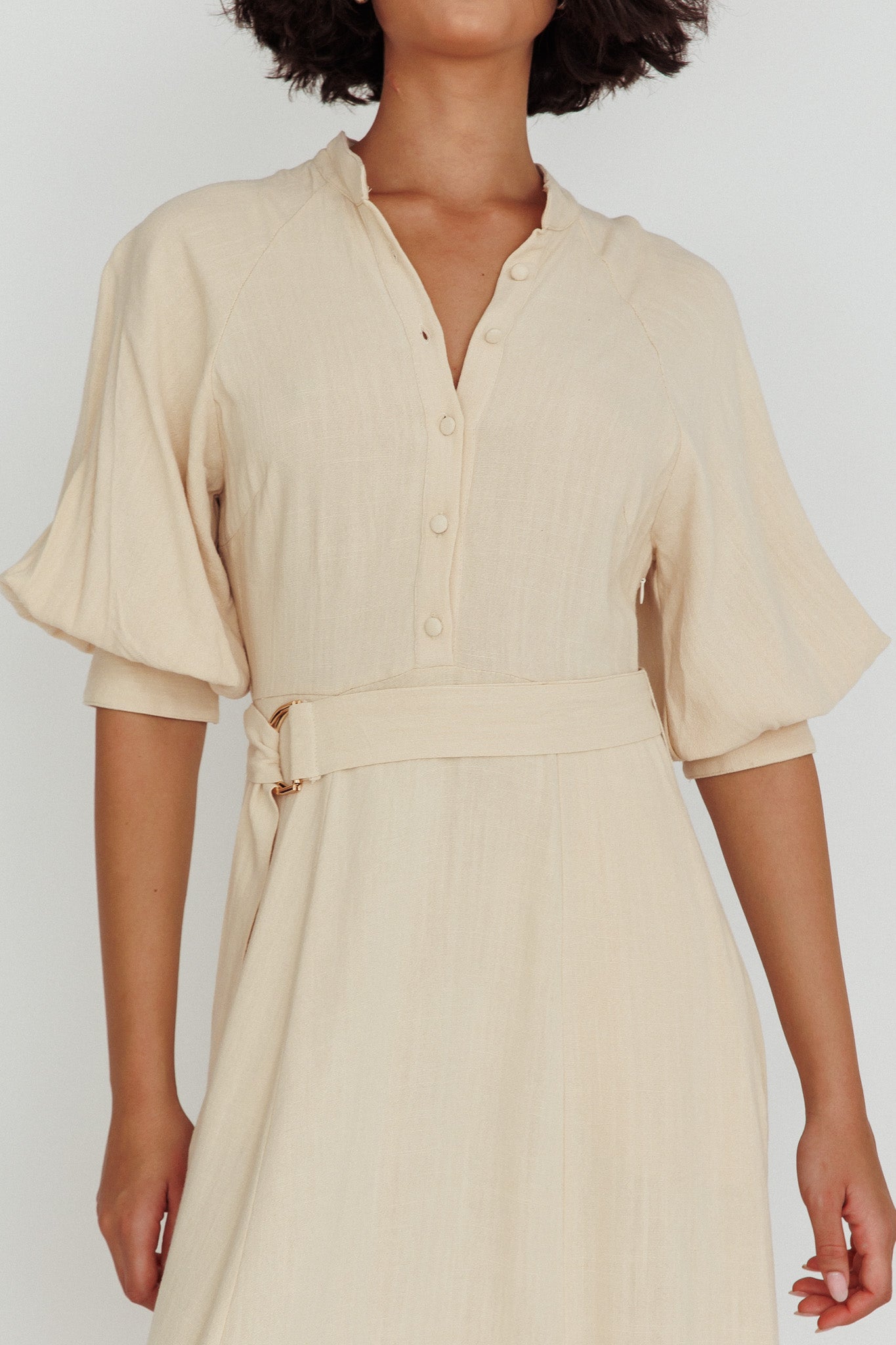 Mallory Belted Waist Lantern Sleeve Midi Dress Beige by Selfie Leslie Australia