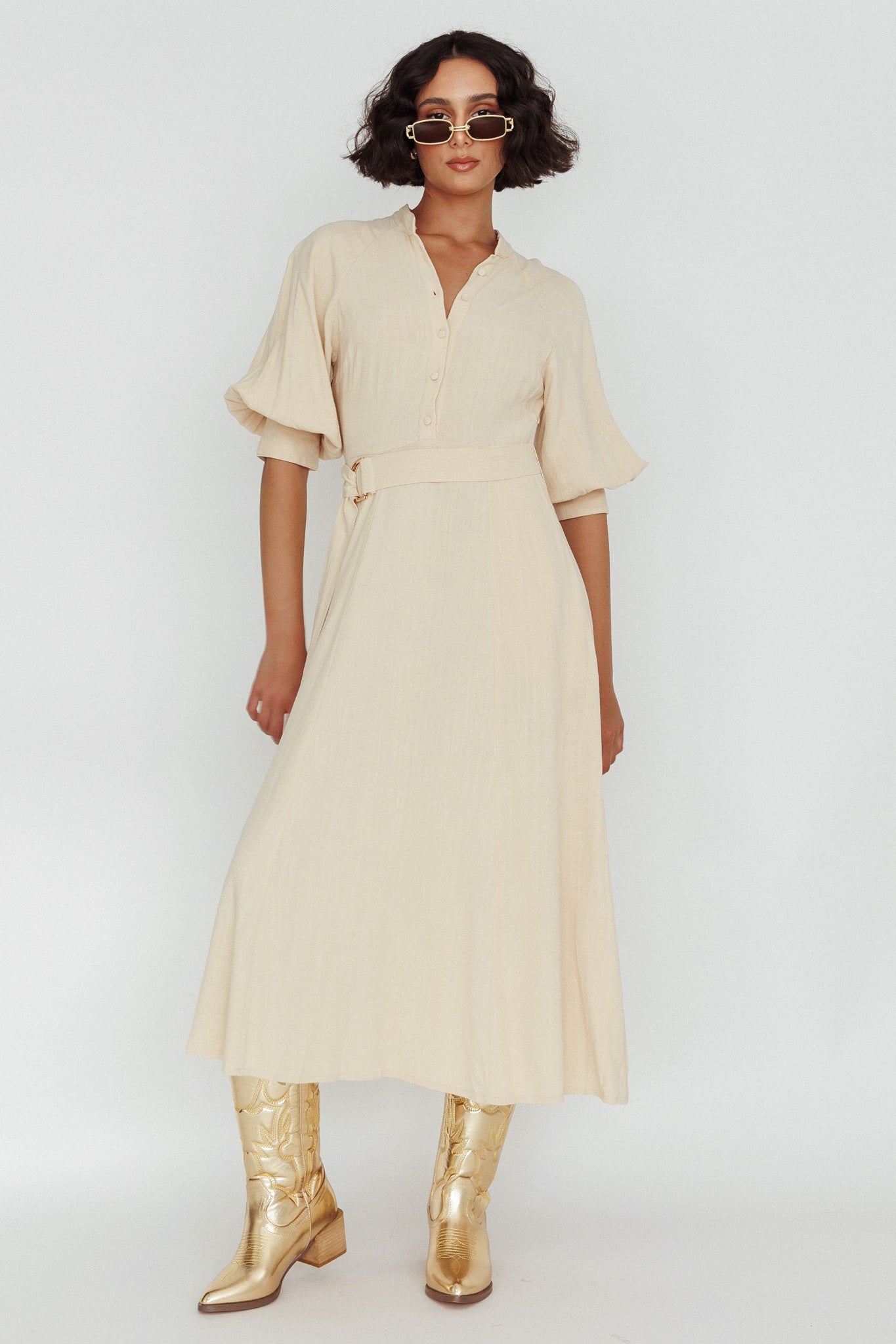 Mallory Belted Waist Lantern Sleeve Midi Dress Beige by Selfie Leslie Australia