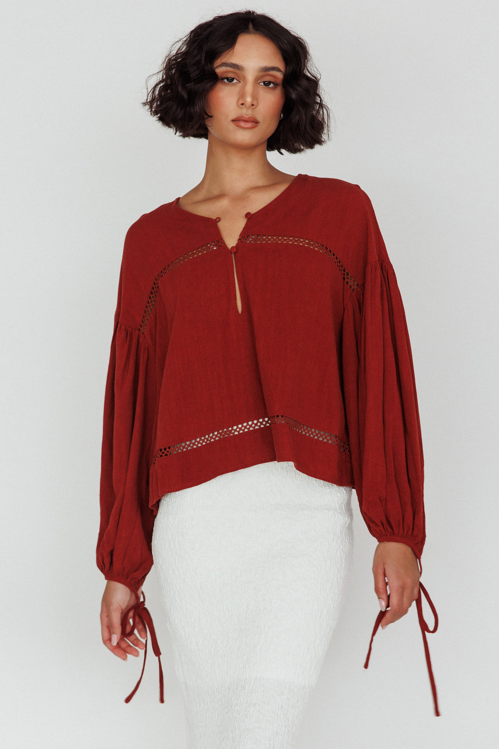Waltz Long Sleeve Embroidery Trim Top Tobacco by Selfie Leslie Australia