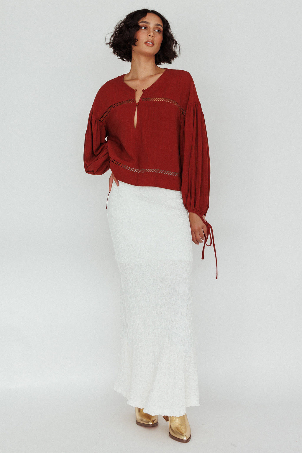 Waltz Long Sleeve Embroidery Trim Top Tobacco by Selfie Leslie Australia