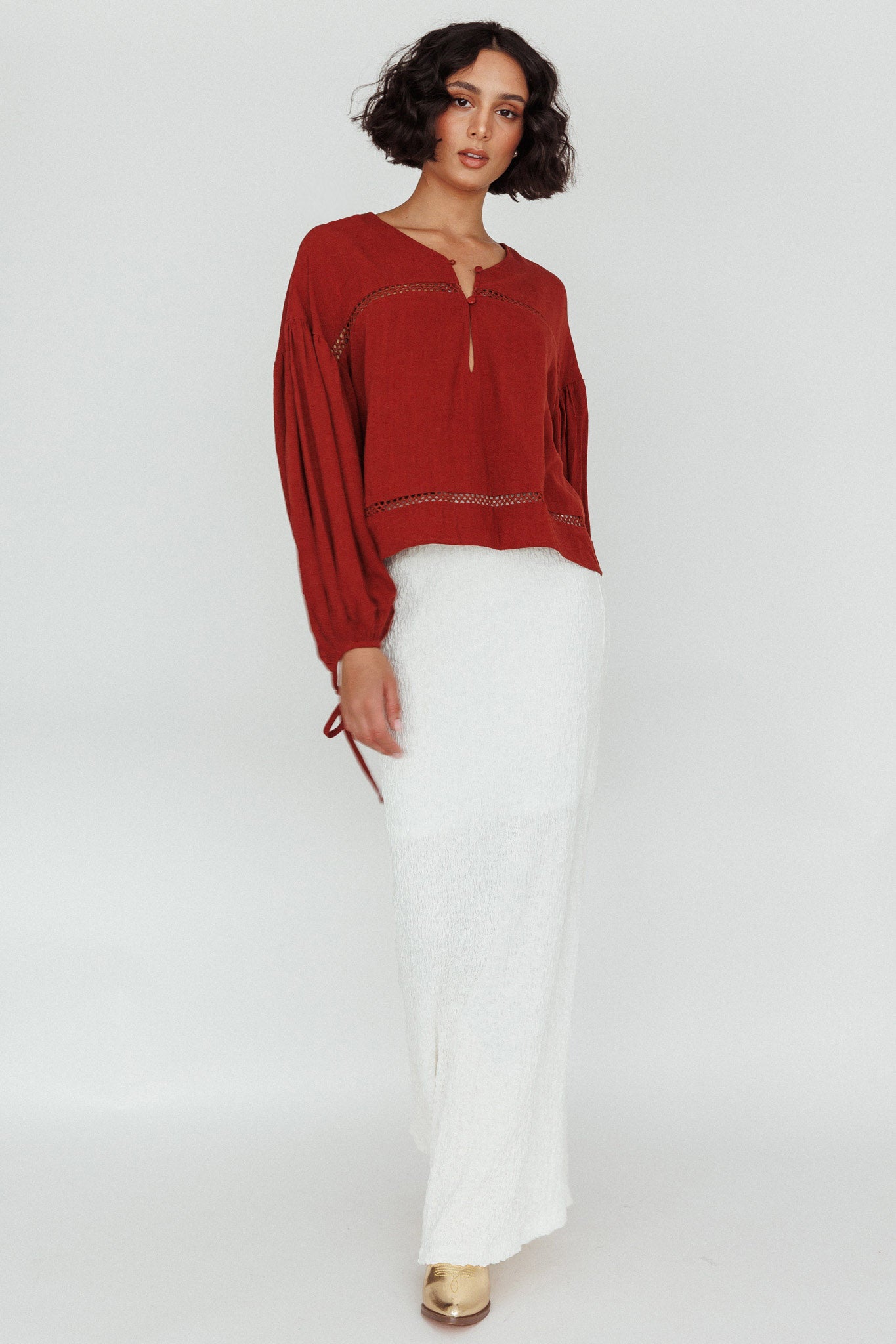 Waltz Long Sleeve Embroidery Trim Top Tobacco by Selfie Leslie Australia