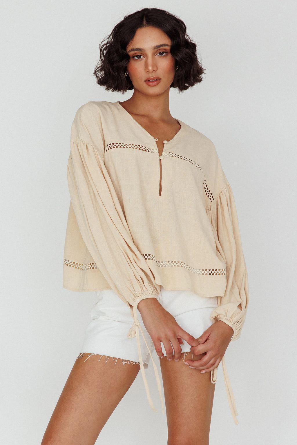 Waltz Long Sleeve Embroidery Trim Top Wheat by Selfie Leslie Australia