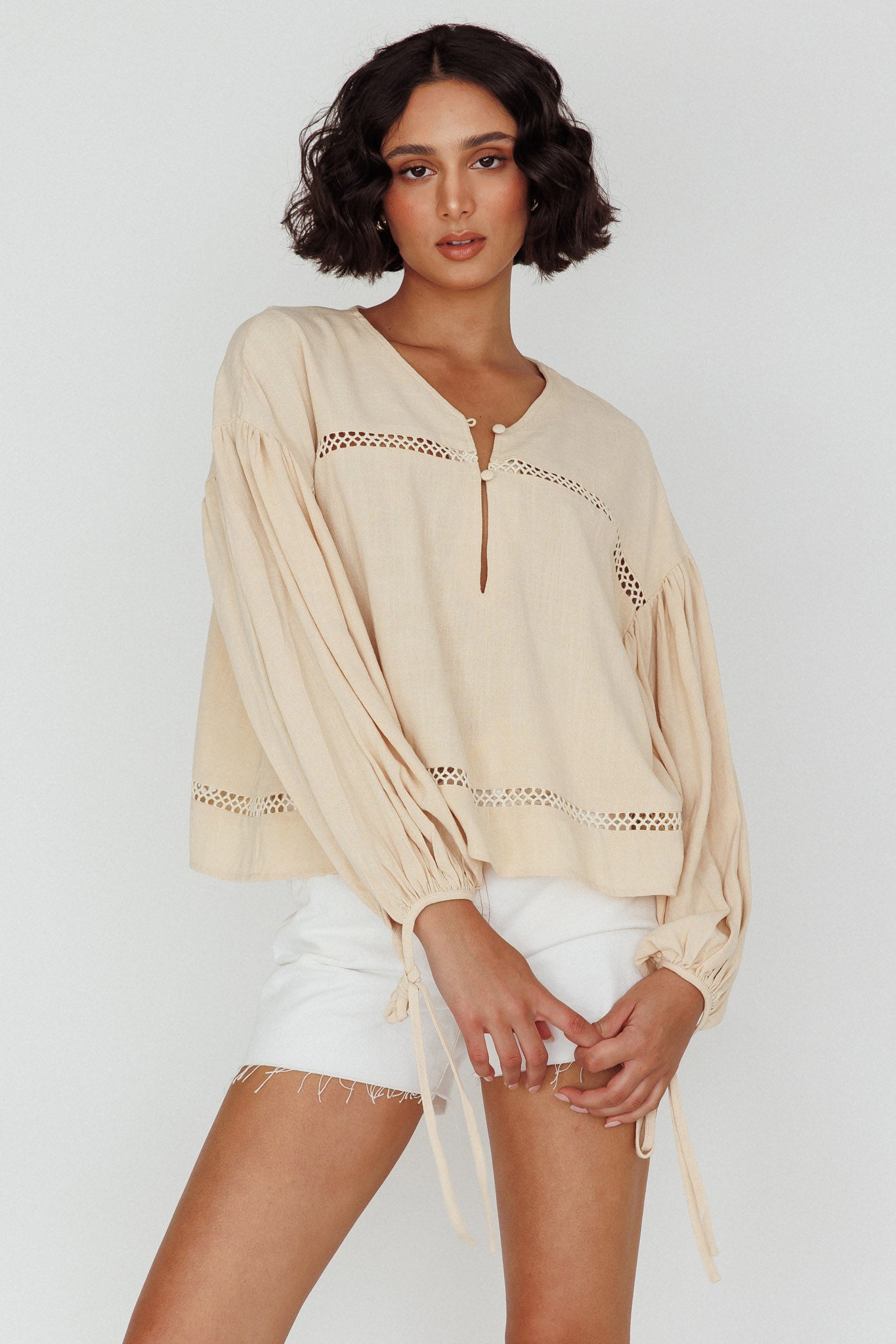 Waltz Long Sleeve Embroidery Trim Top Wheat by Selfie Leslie Australia
