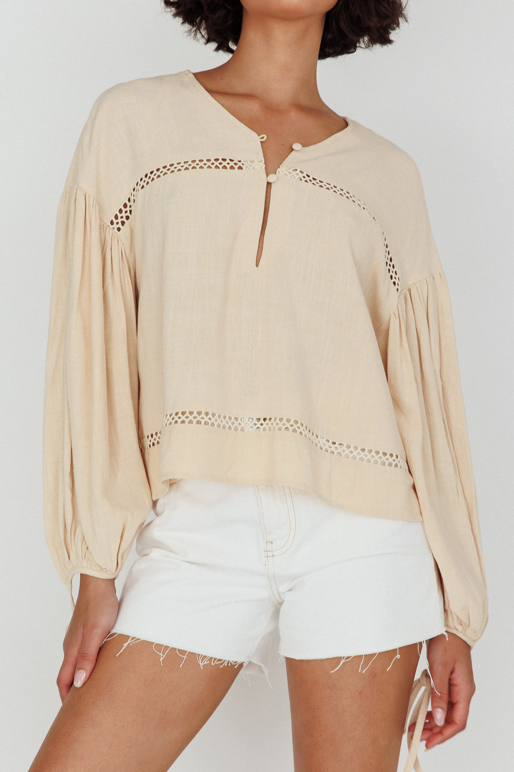 Waltz Long Sleeve Embroidery Trim Top Wheat by Selfie Leslie Australia