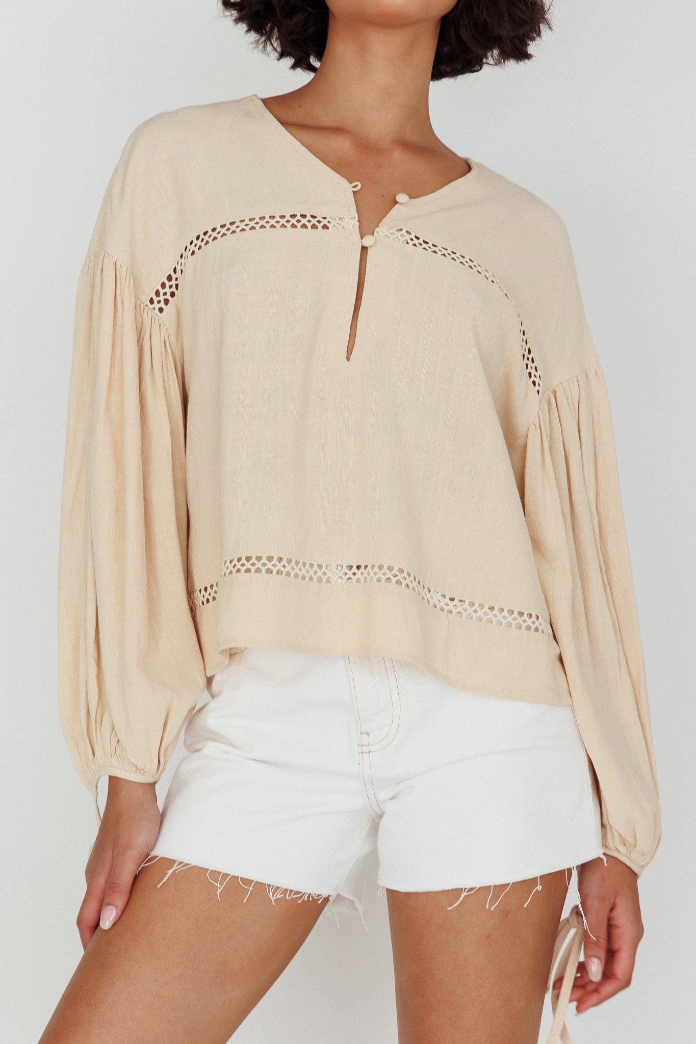 Waltz Long Sleeve Embroidery Trim Top Wheat by Selfie Leslie Australia