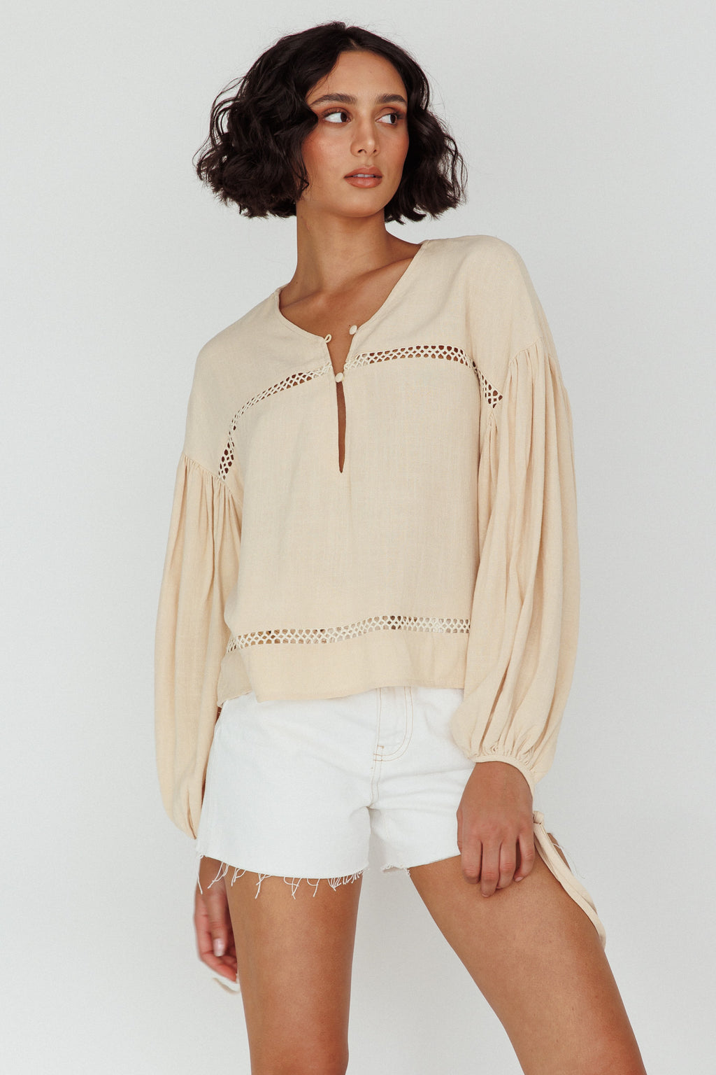 Waltz Long Sleeve Embroidery Trim Top Wheat by Selfie Leslie Australia