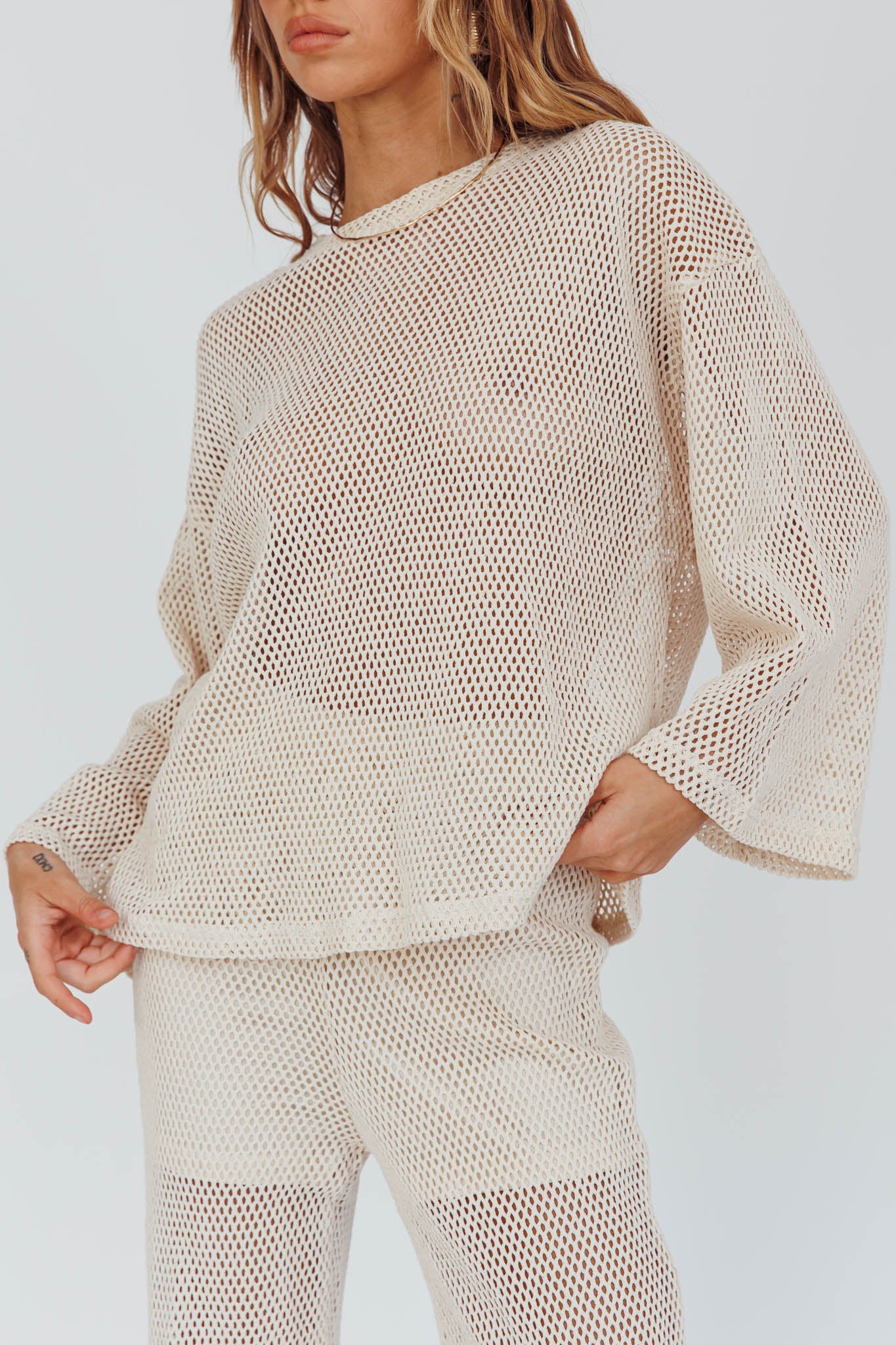 Mahina Long Sleeve Net Top Sand by Selfie Leslie Australia
