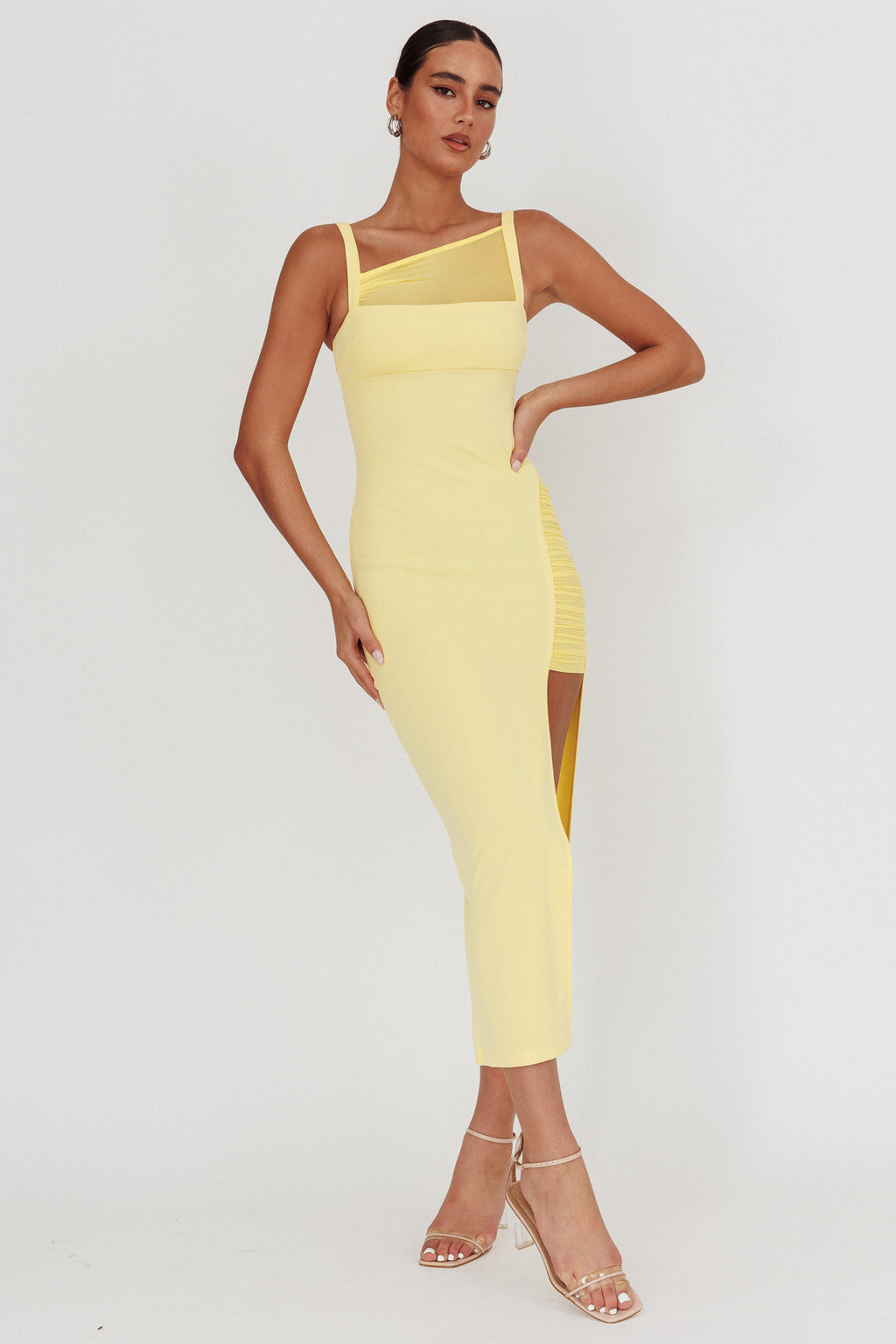 Zenya Split Ruched Maxi Dress Butter by Selfie Leslie Australia