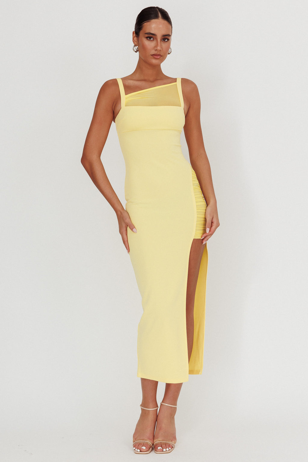 Zenya Split Ruched Maxi Dress Butter by Selfie Leslie Australia