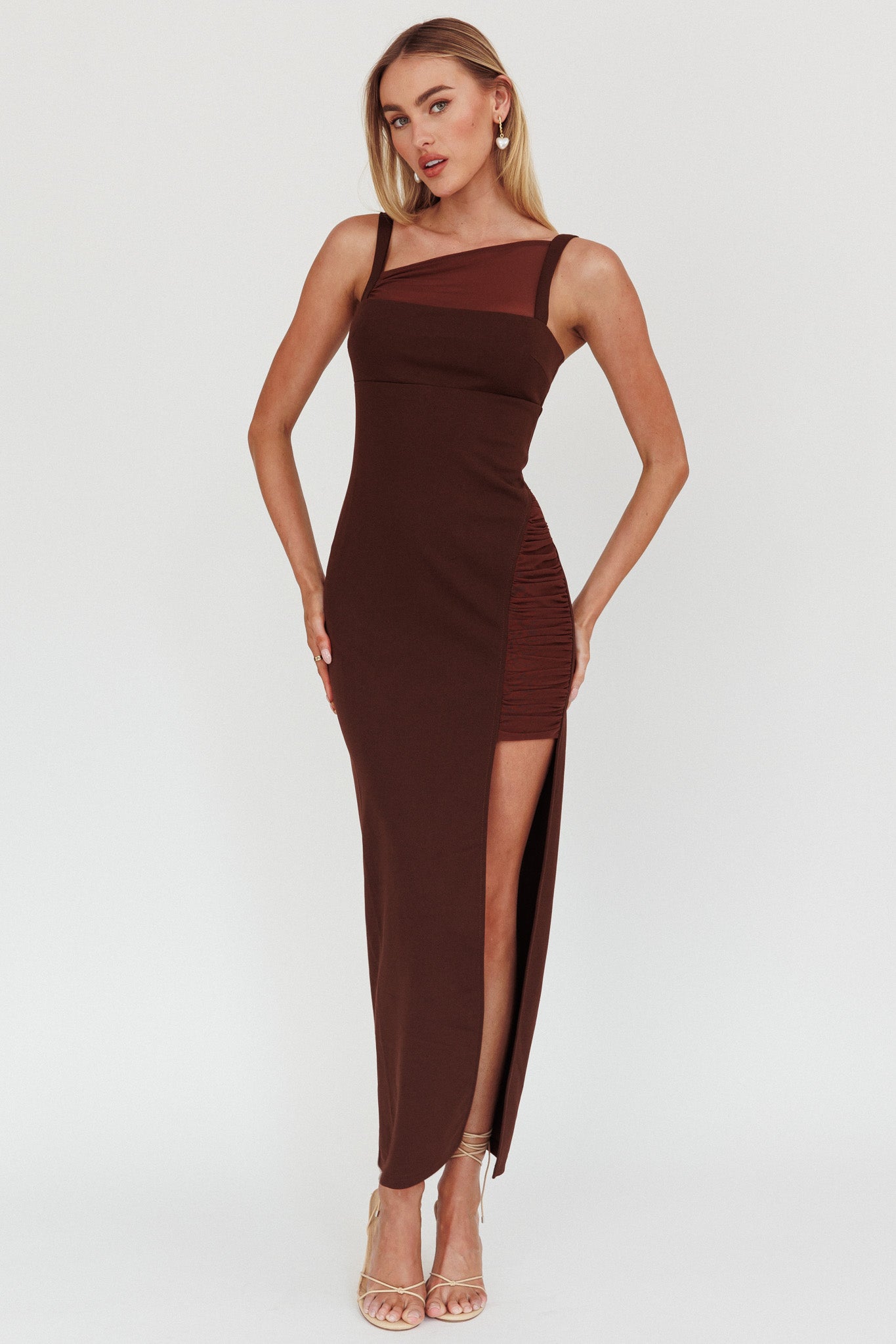 Zenya Split Ruched Maxi Dress Chocolate by Selfie Leslie Australia