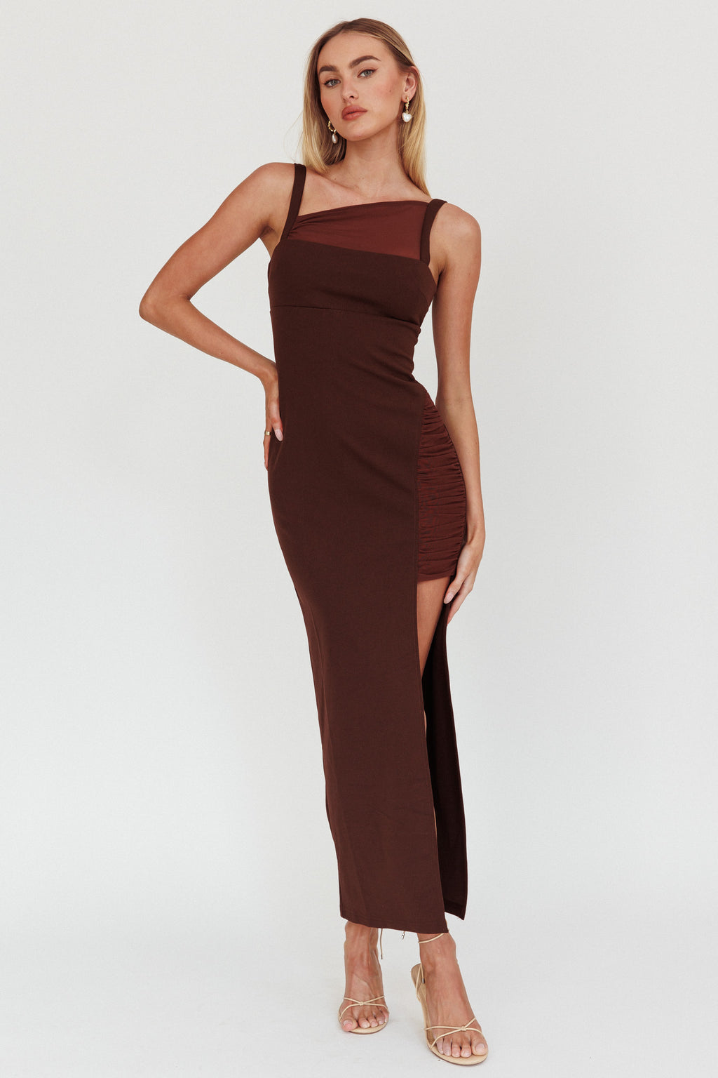 Zenya Split Ruched Maxi Dress Chocolate by Selfie Leslie Australia