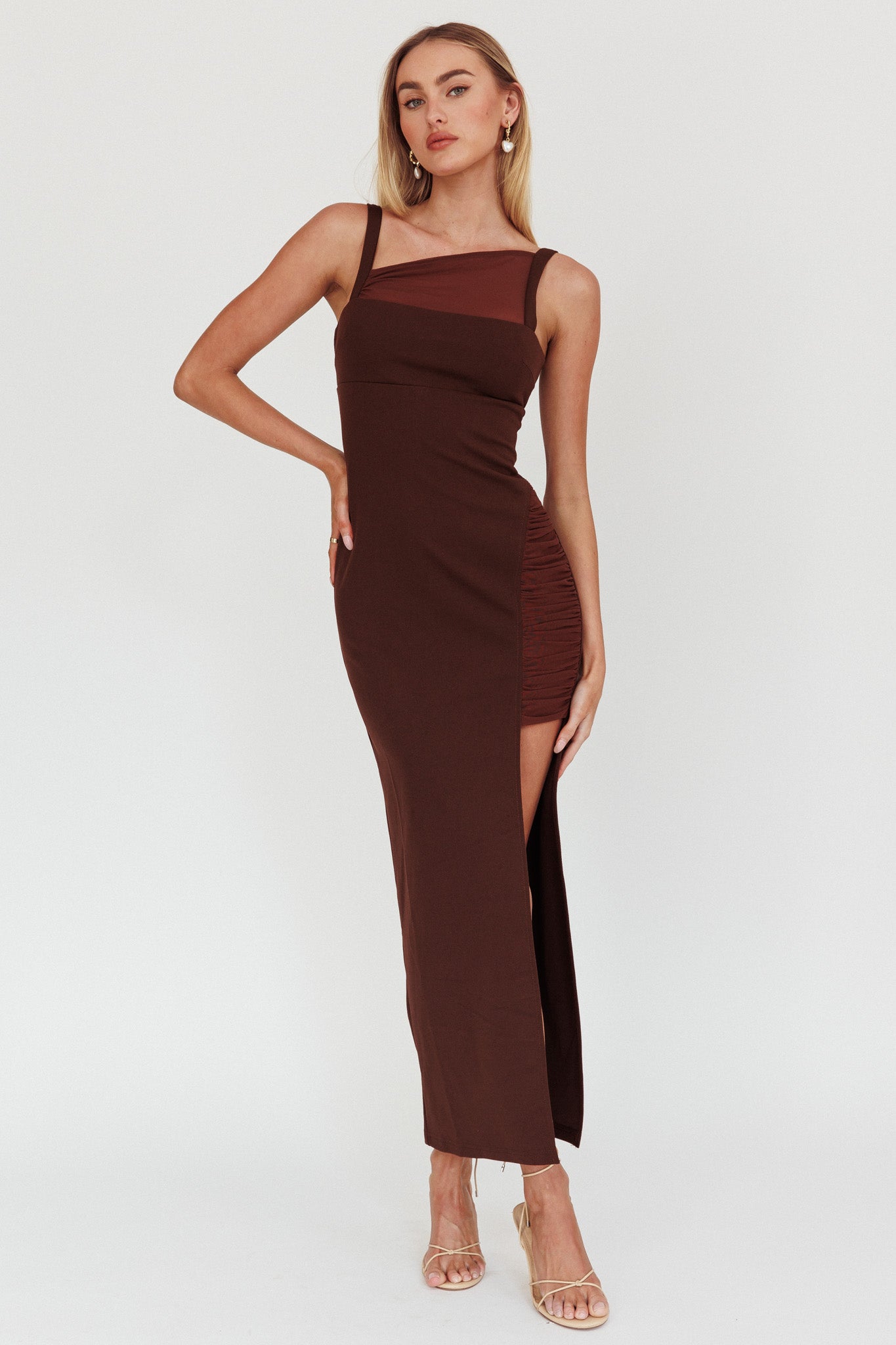 Zenya Split Ruched Maxi Dress Chocolate by Selfie Leslie Australia