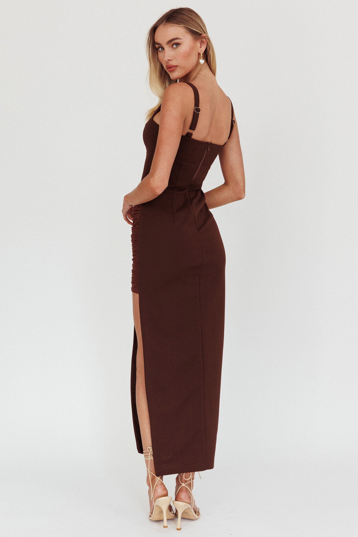 Zenya Split Ruched Maxi Dress Chocolate by Selfie Leslie Australia