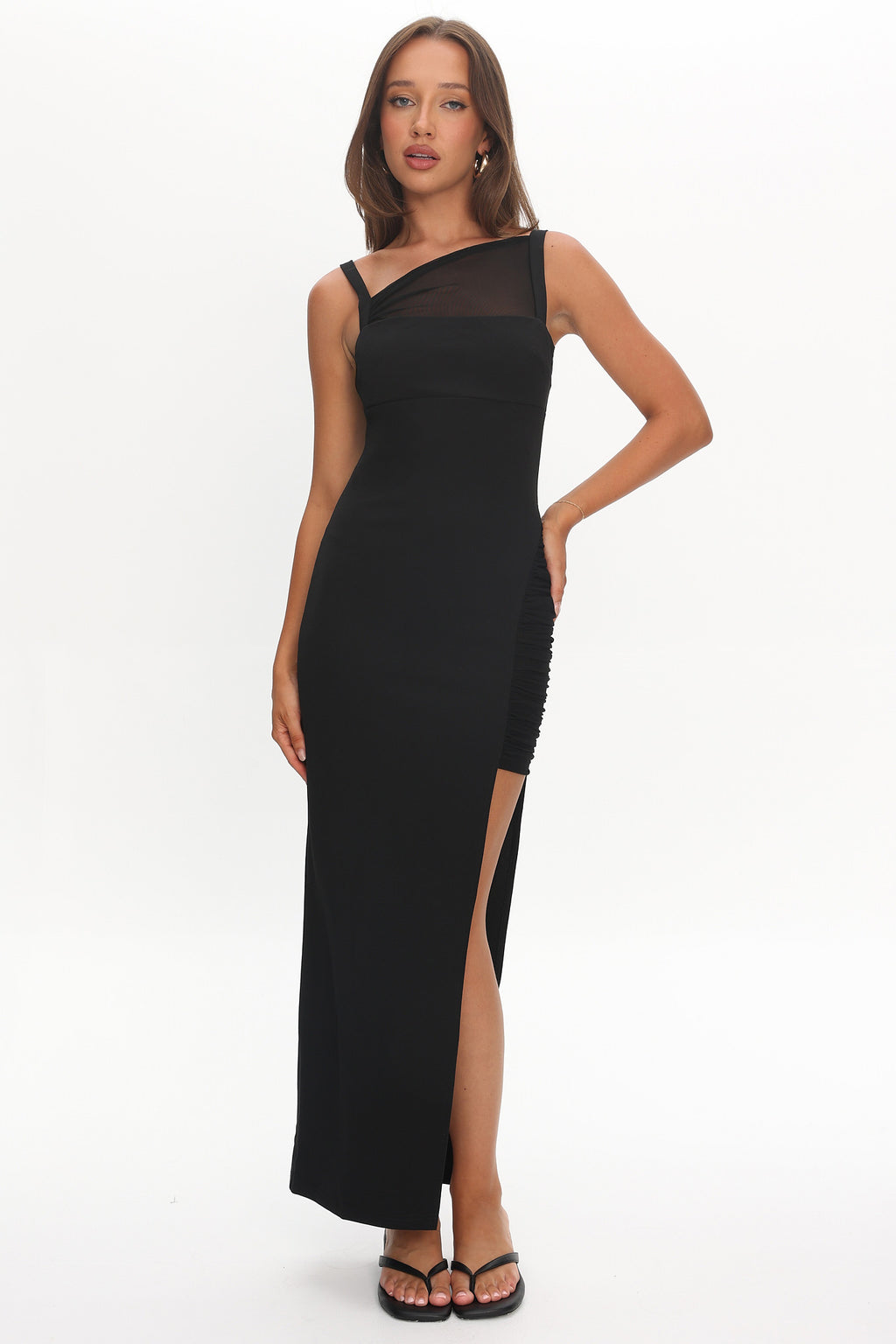 Zenya Split Ruched Midi Dress Black by Selfie Leslie Australia