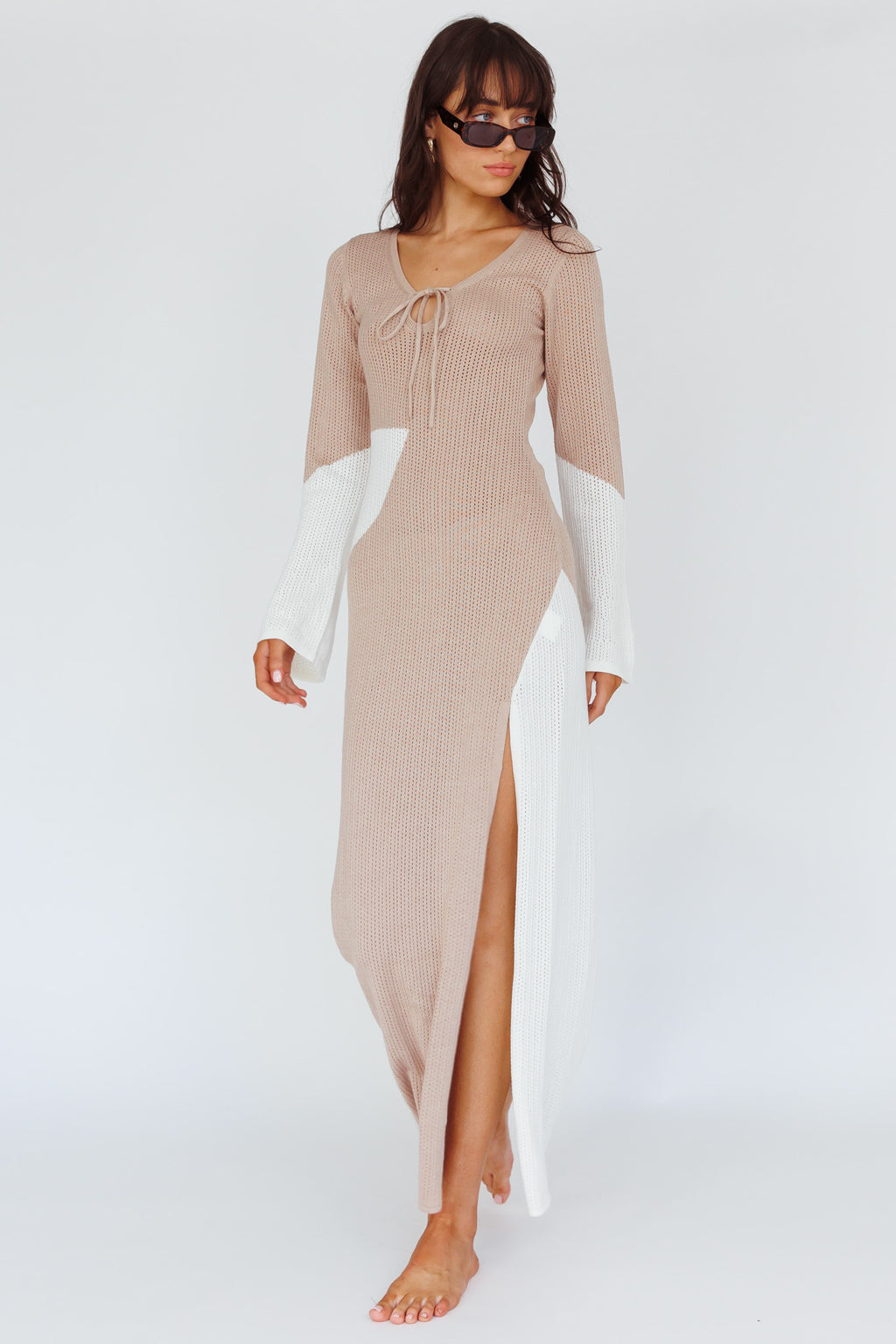 Karsen Long Sleeve Crochet Maxi Dress Beige by Selfie Leslie Australia