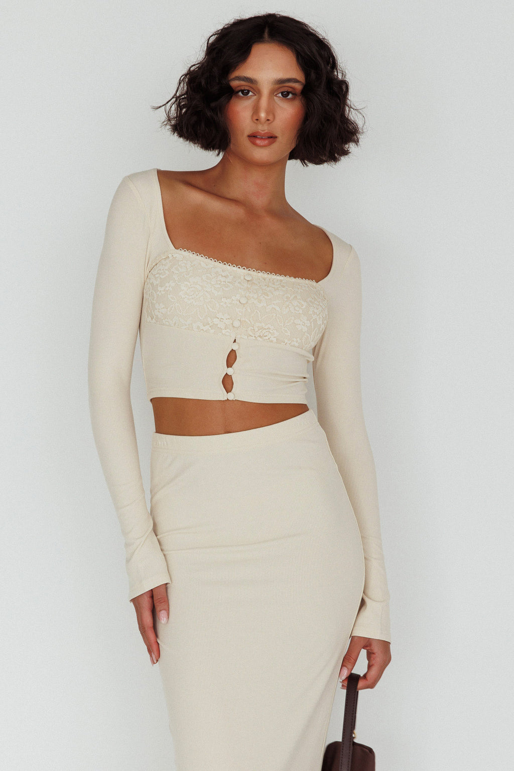 Lauryn Lace Bust Long Sleeve Top Beige by Selfie Leslie Australia
