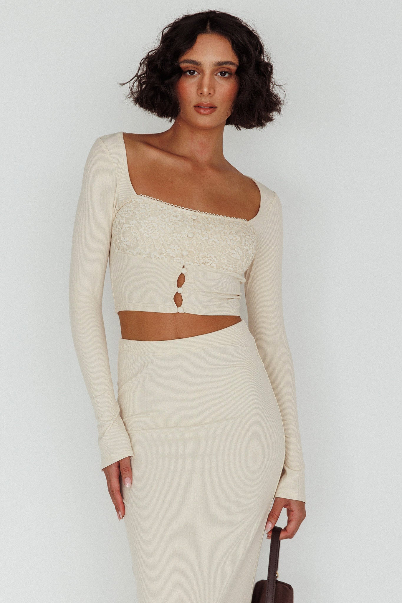 Lauryn Lace Bust Long Sleeve Top Beige by Selfie Leslie Australia