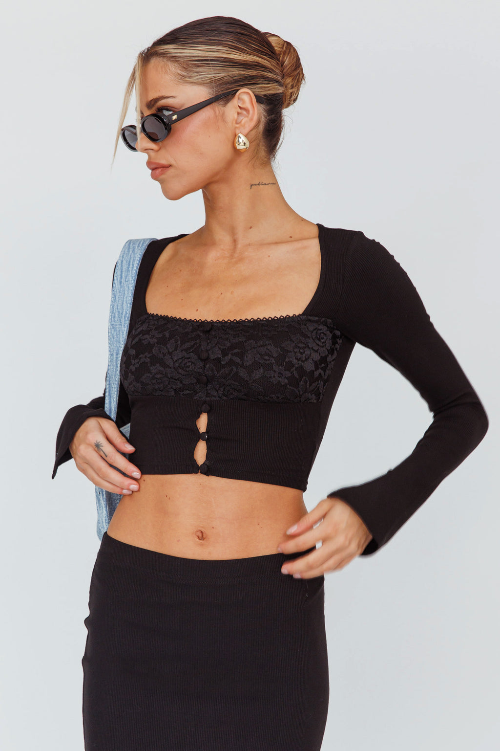 Lauryn Lace Bust Long Sleeve Top Black by Selfie Leslie Australia
