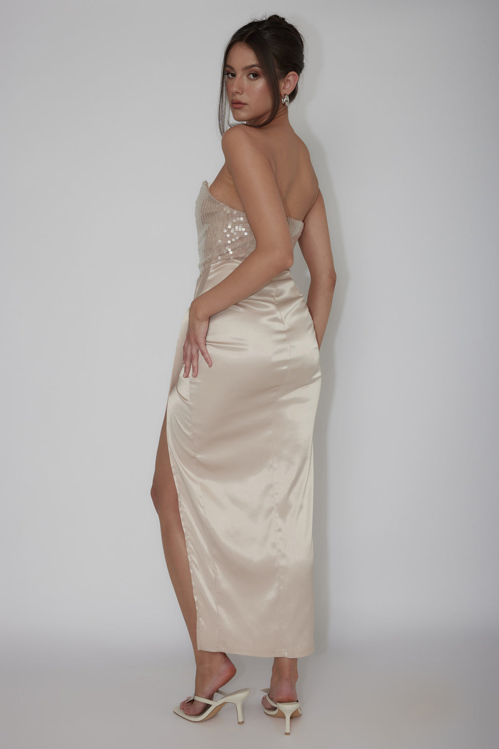 Yadira Sequin Bodice Satin Midi Dress Nude by Selfie Leslie Australia