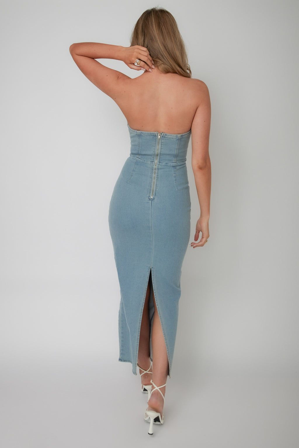 Kialyn Strapless Midi Dress Denim Blue by Selfie Leslie Australia