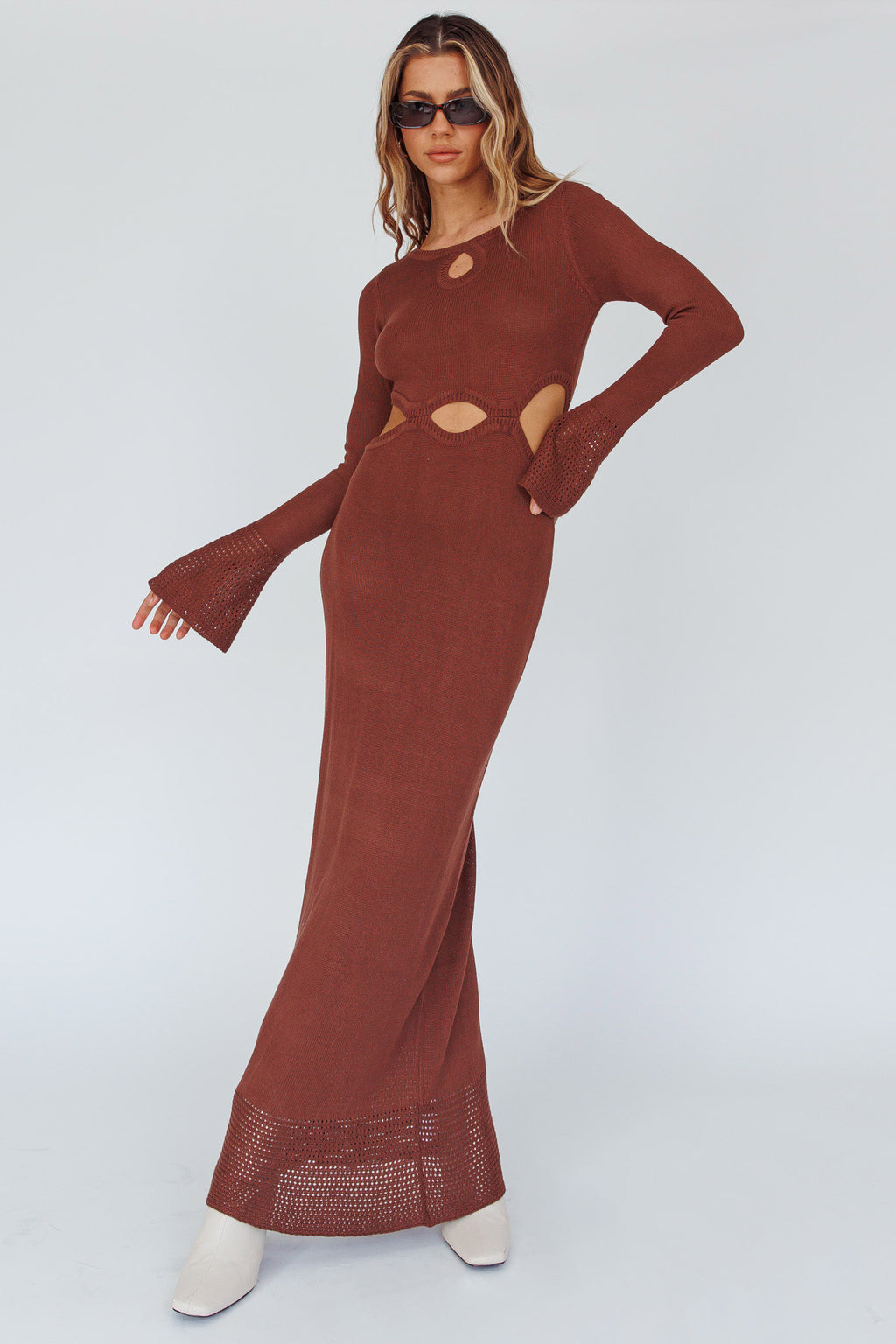 Long Sleeve Cut-Out Knit Maxi Dress Coffee by Selfie Leslie Australia