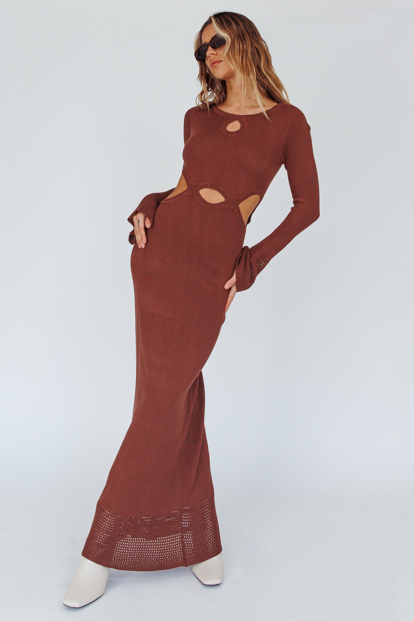 Long Sleeve Cut-Out Knit Maxi Dress Coffee by Selfie Leslie Australia