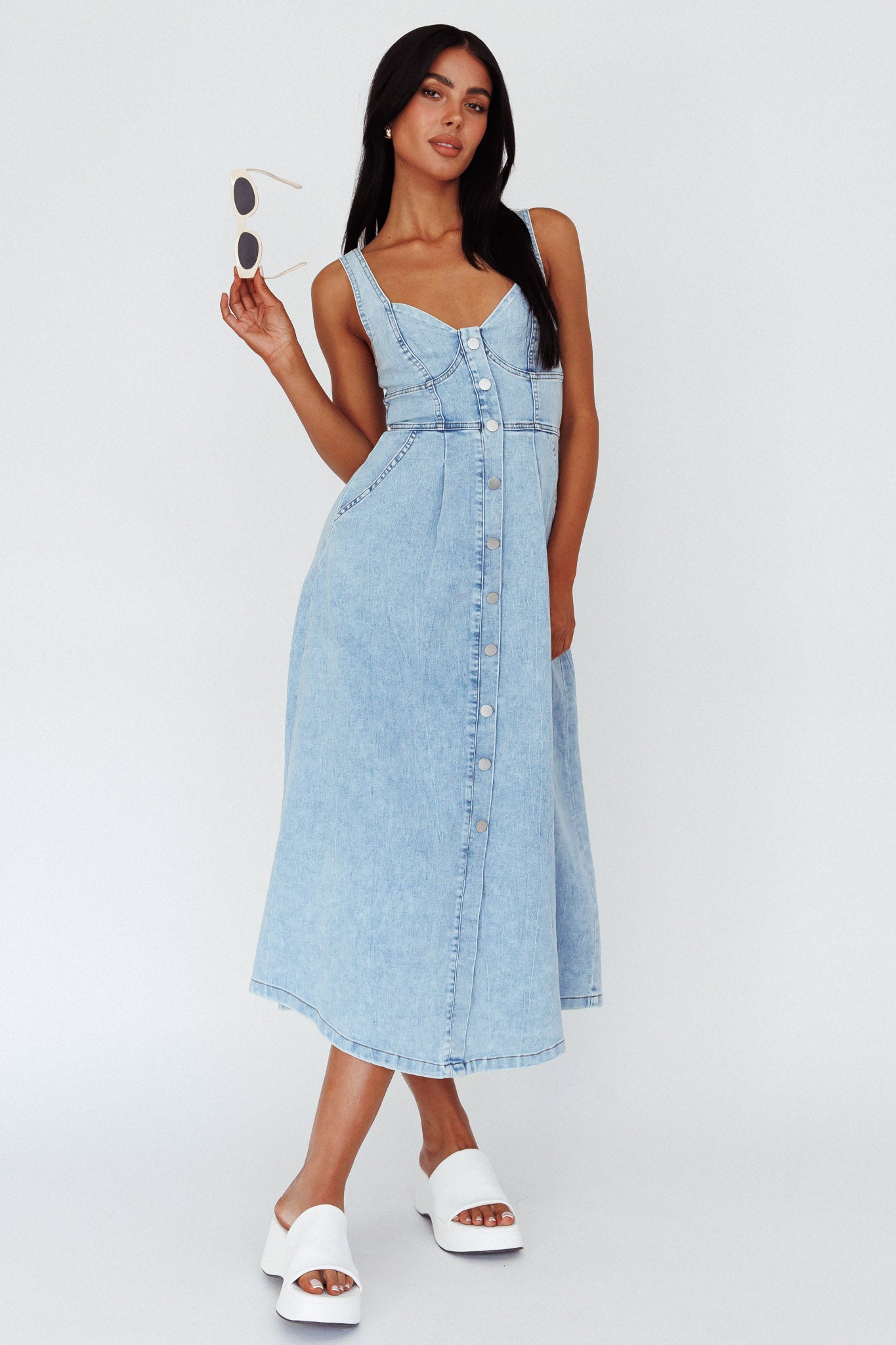 Pixie Dust Button Front Midi Dress Denim Blue by Selfie Leslie Australia