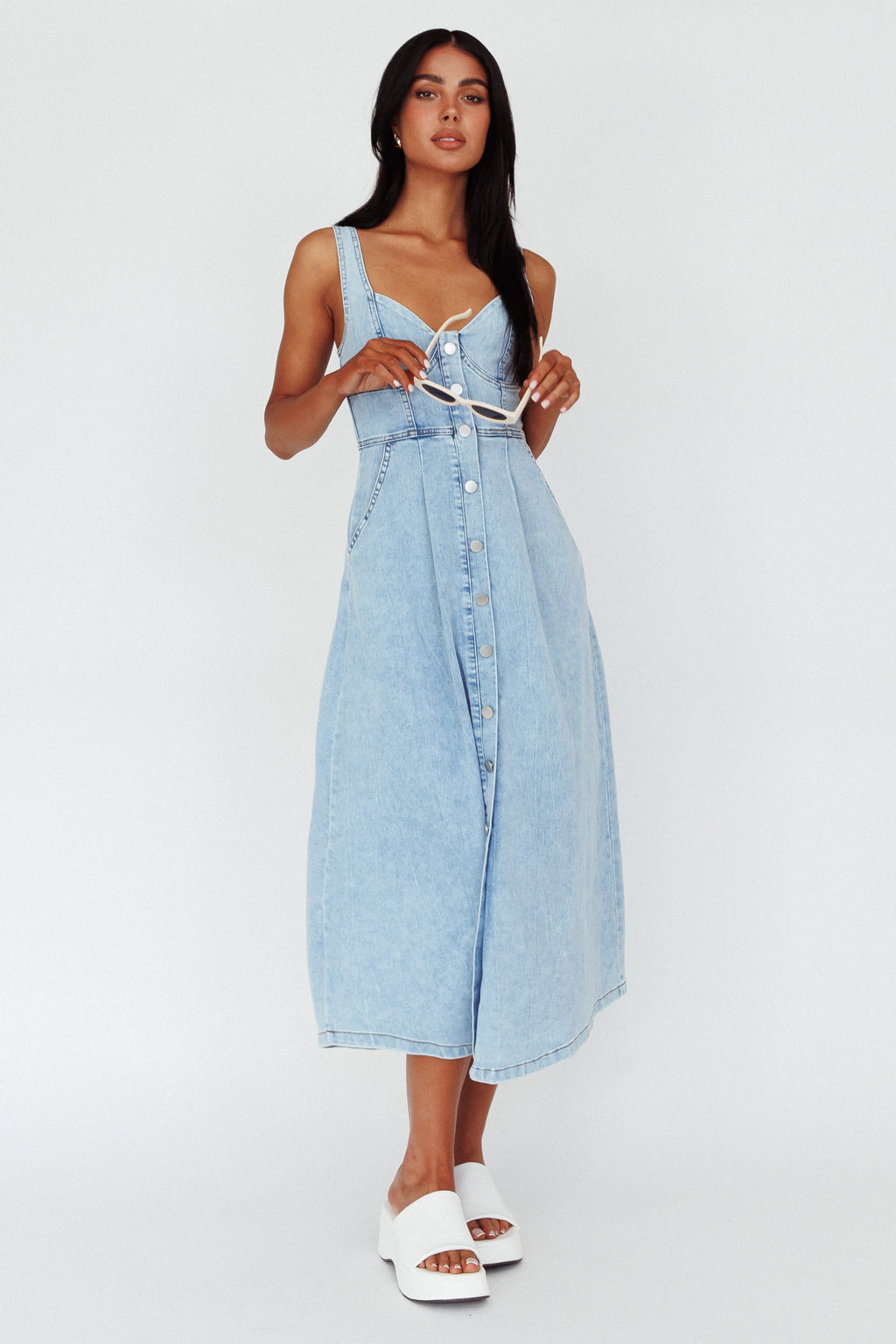 Pixie Dust Button Front Midi Dress Denim Blue by Selfie Leslie Australia