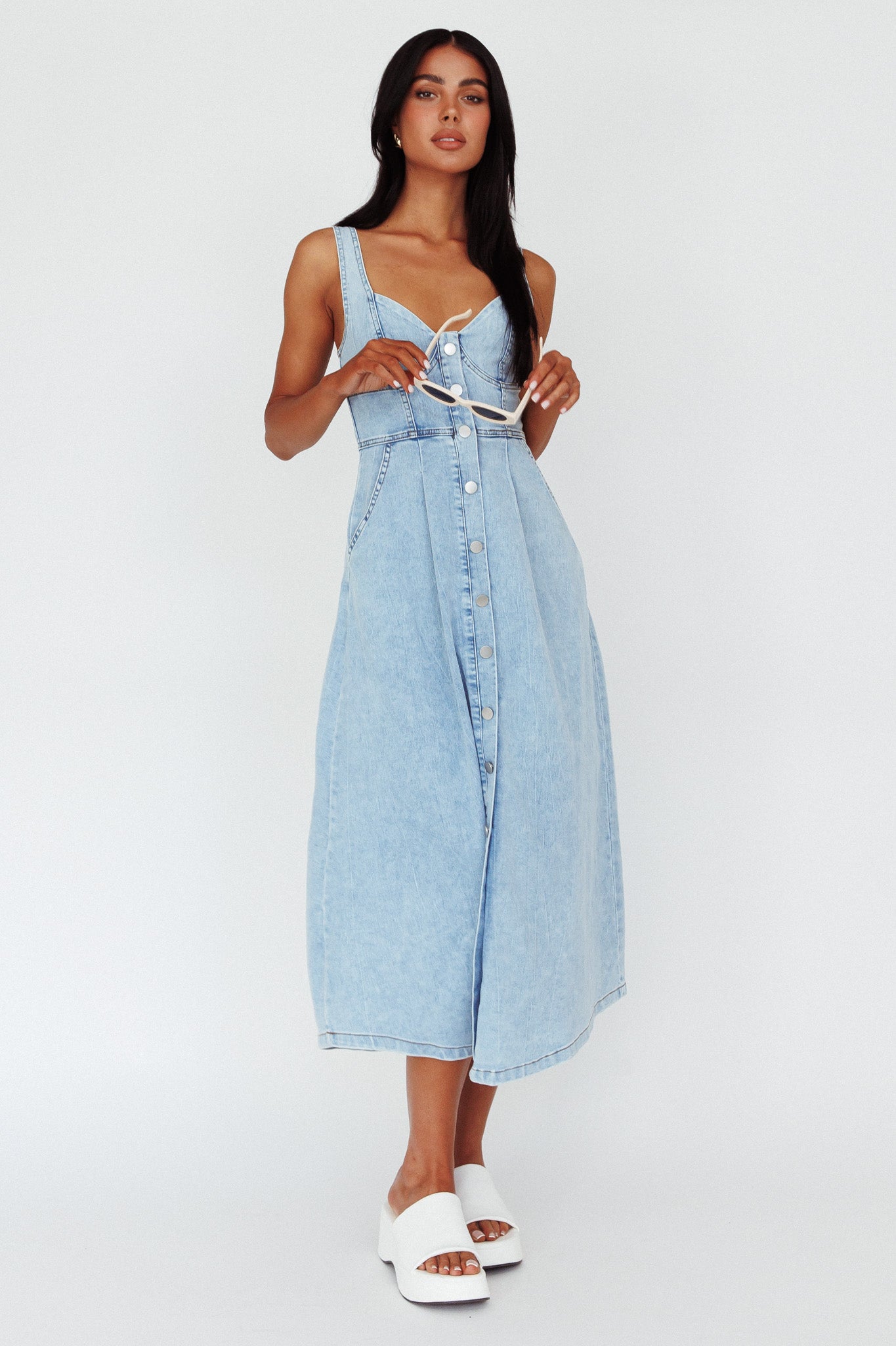 Pixie Dust Button Front Midi Dress Denim Blue by Selfie Leslie Australia