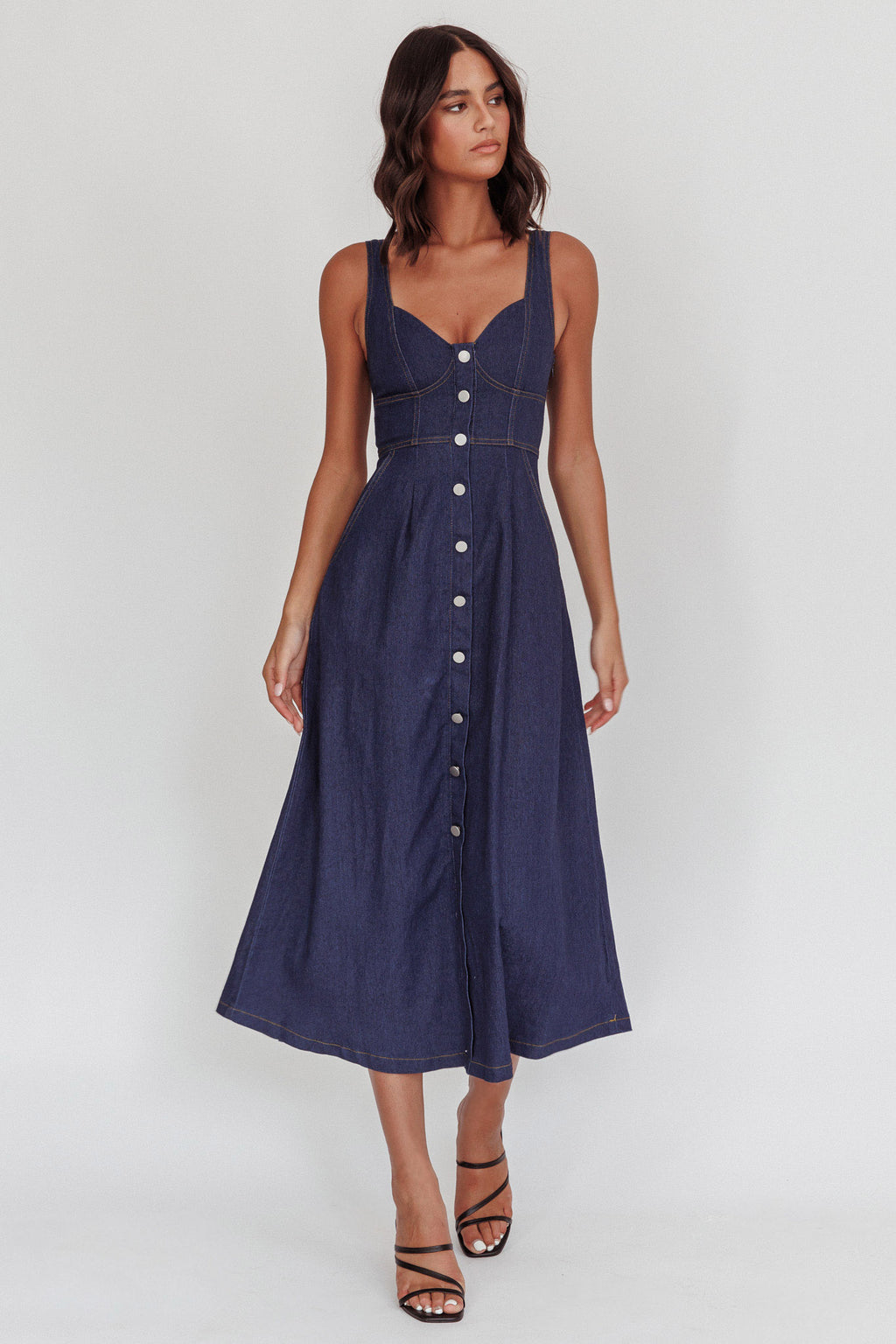 Pixie Dust Button Front Midi Dress Dark Denim by Selfie Leslie Australia