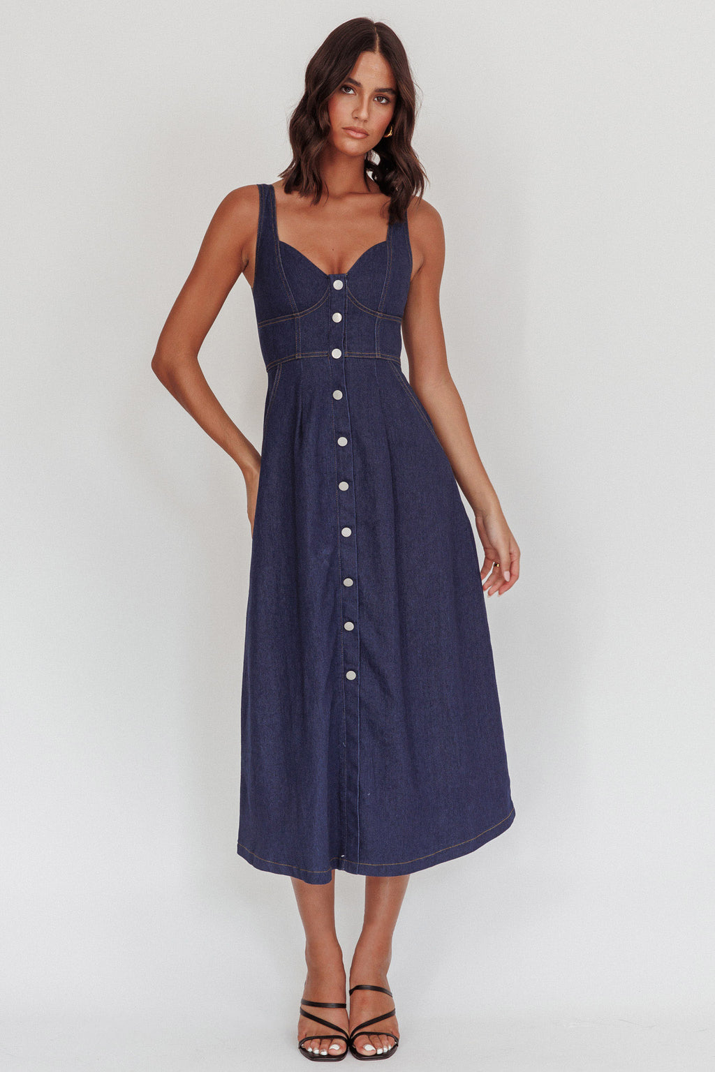 Pixie Dust Button Front Midi Dress Dark Denim by Selfie Leslie Australia