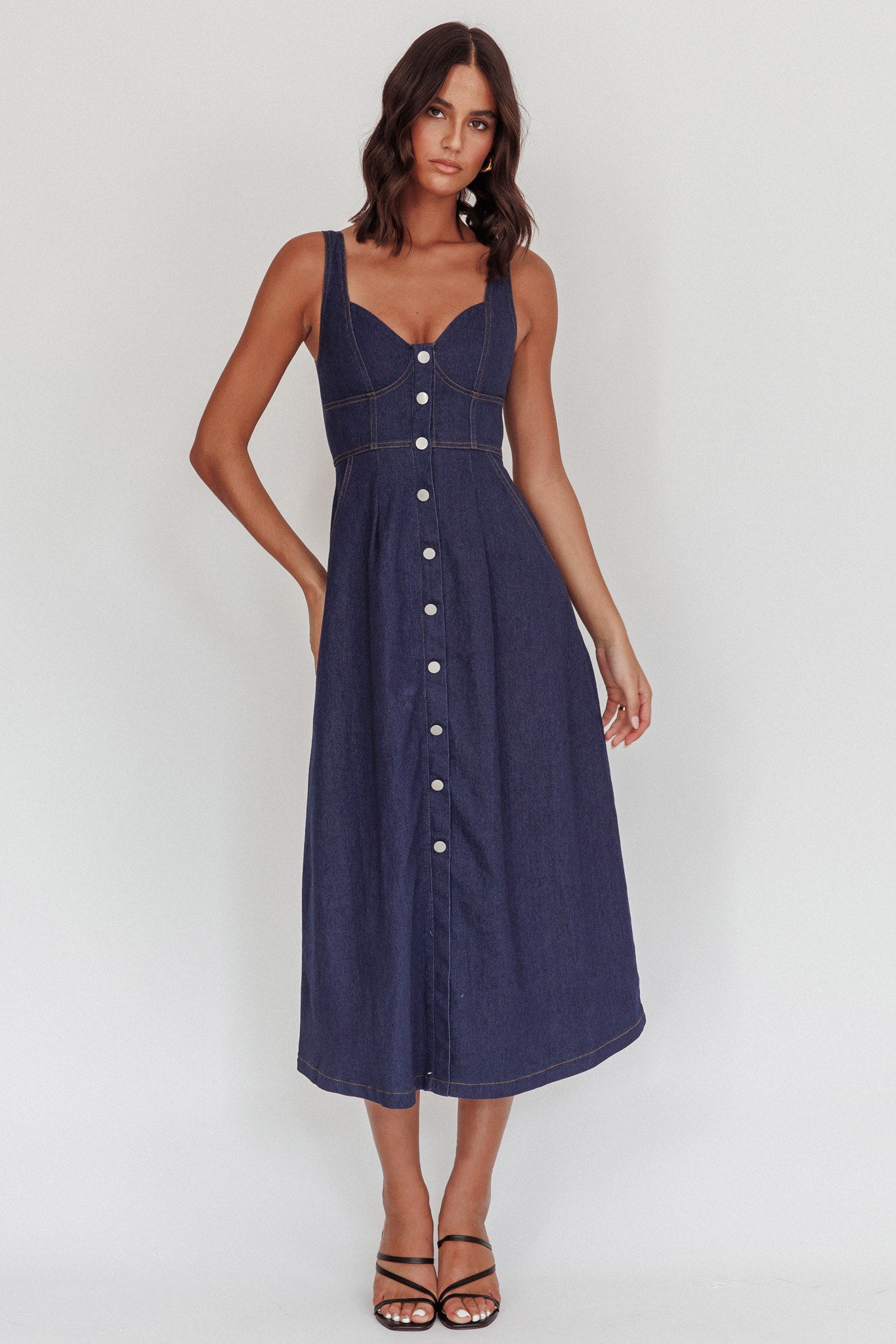 Pixie Dust Button Front Midi Dress Dark Denim by Selfie Leslie Australia