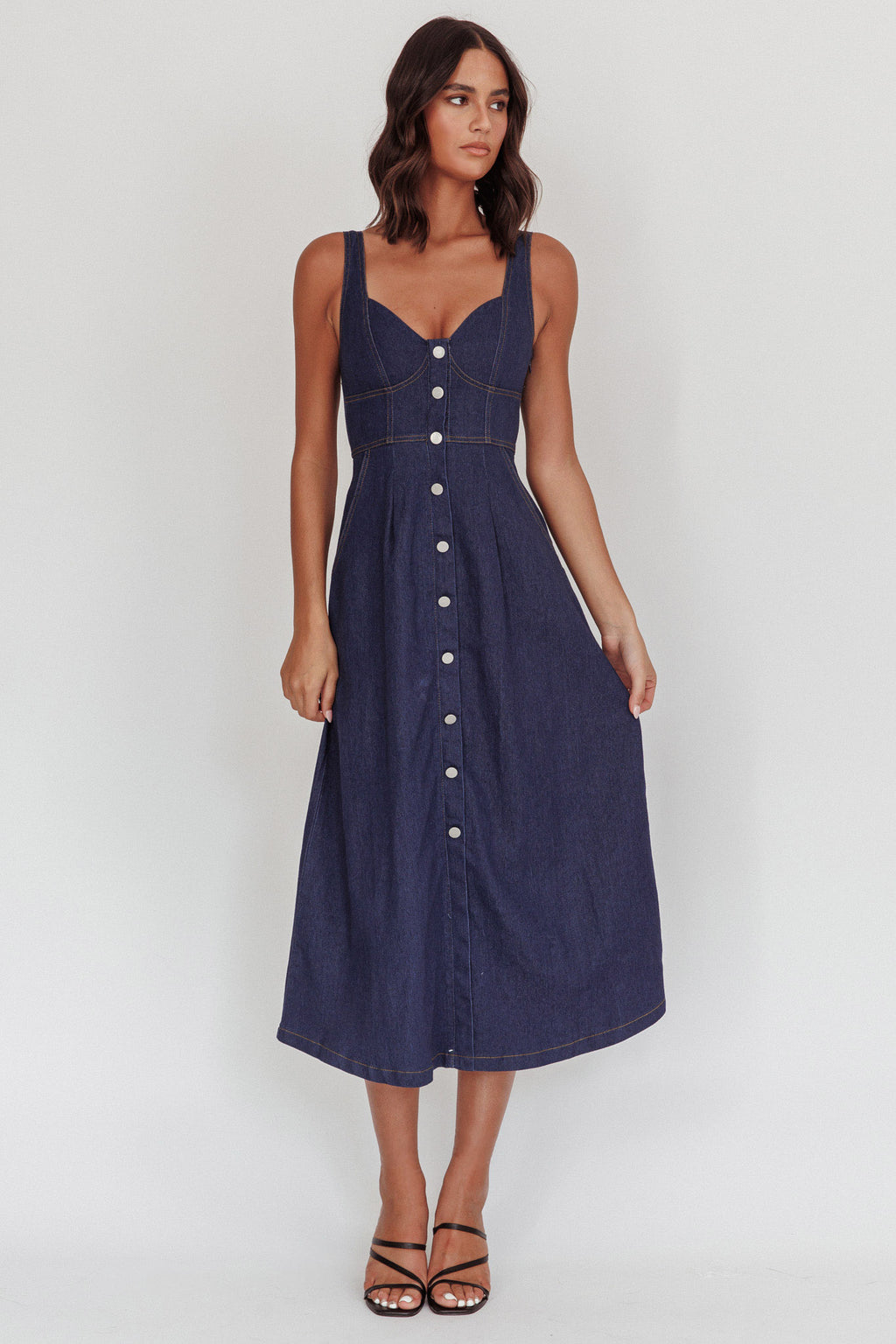 Pixie Dust Button Front Midi Dress Dark Denim by Selfie Leslie Australia