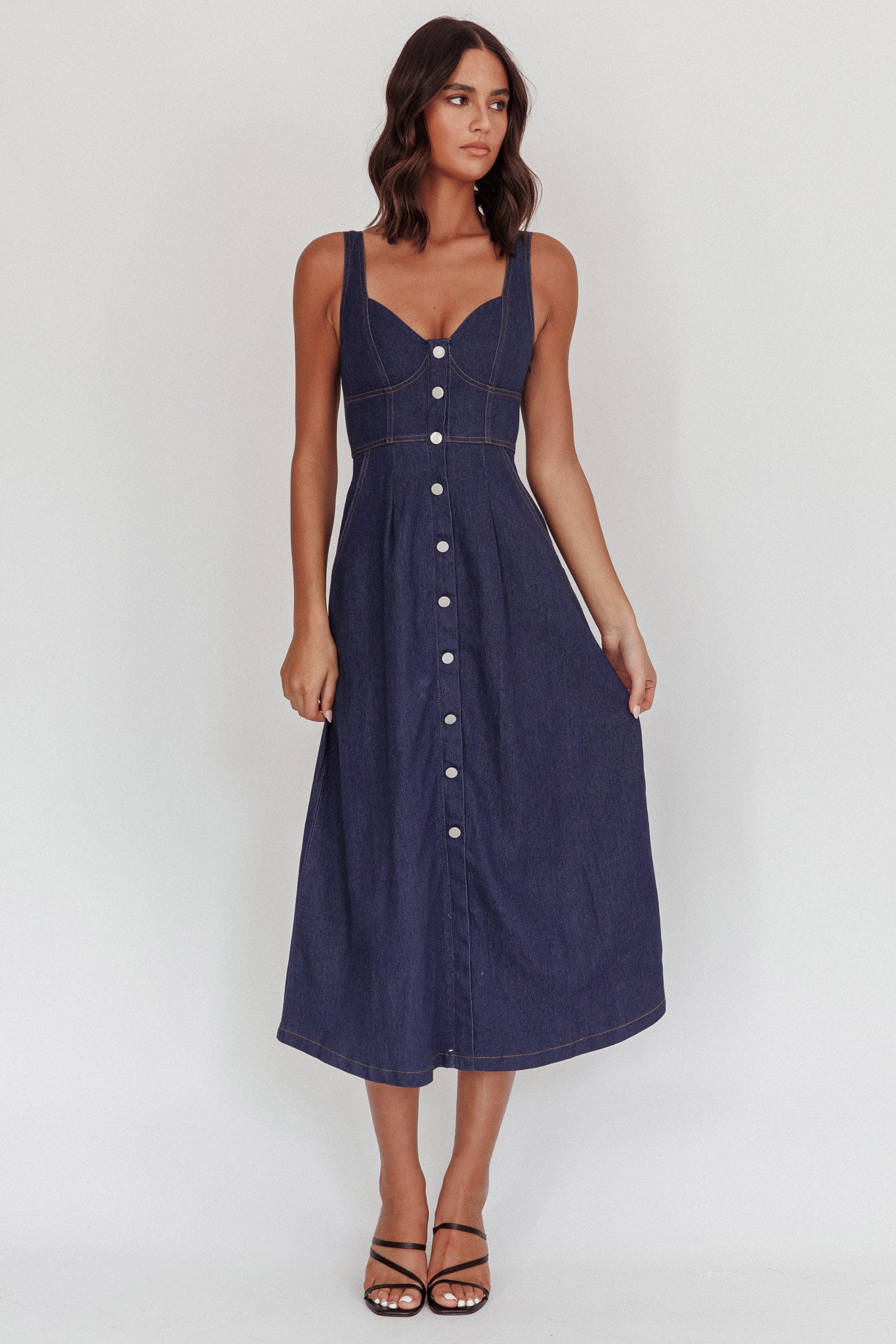 Pixie Dust Button Front Midi Dress Dark Denim by Selfie Leslie Australia