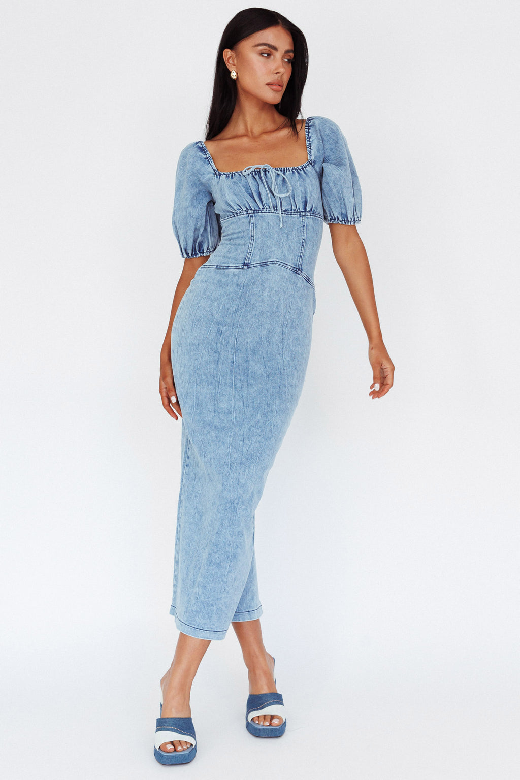 Juneau Puff Sleeve Midi Dress Denim Blue by Selfie Leslie Australia