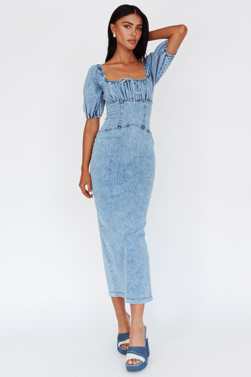 Juneau Puff Sleeve Midi Dress Denim Blue by Selfie Leslie Australia