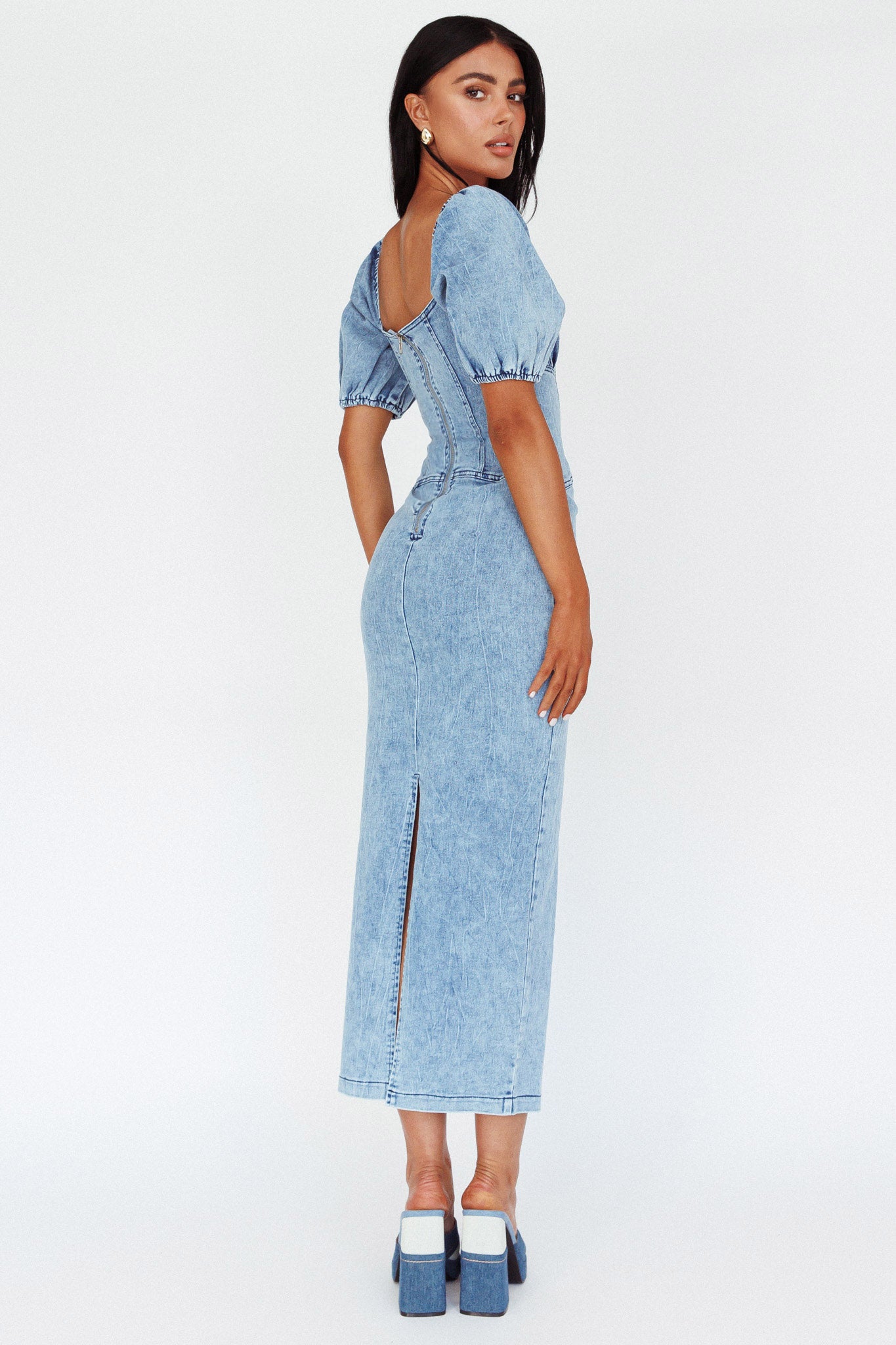 Juneau Puff Sleeve Midi Dress Denim Blue by Selfie Leslie Australia