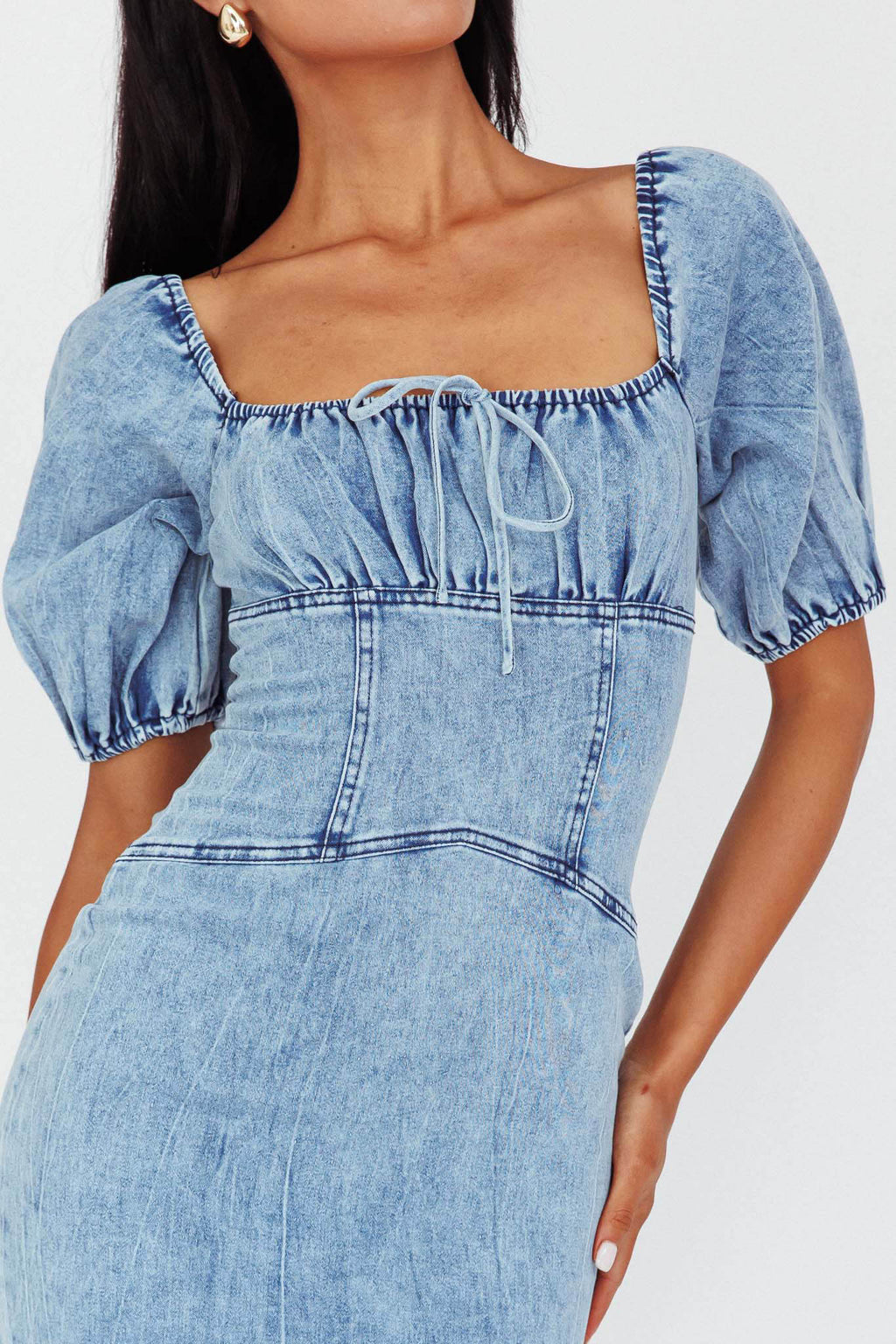 Juneau Puff Sleeve Midi Dress Denim Blue by Selfie Leslie Australia