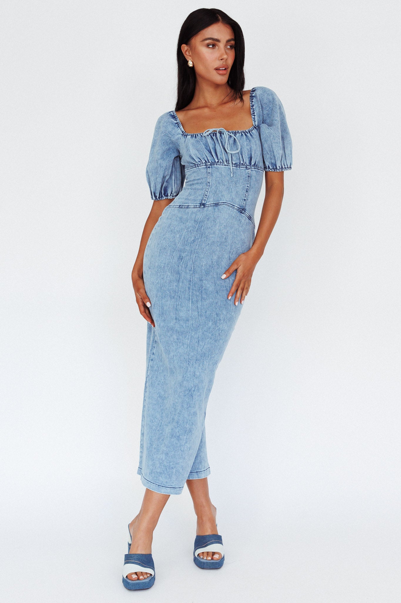 Juneau Puff Sleeve Midi Dress Denim Blue by Selfie Leslie Australia