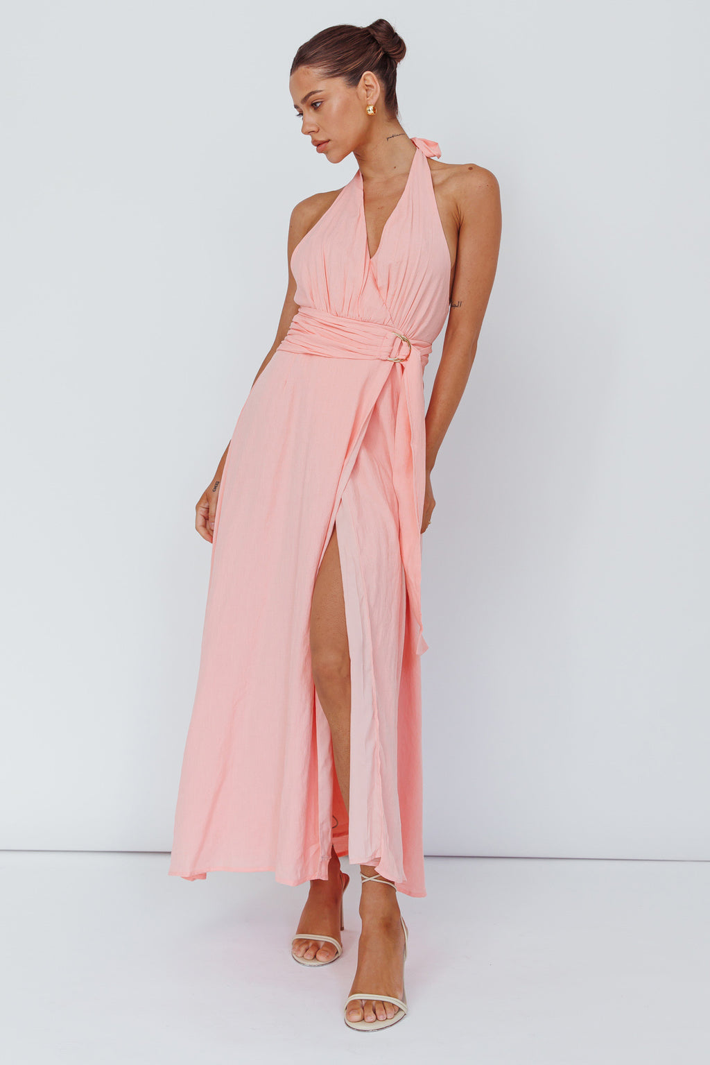 Spring Feels Halterneck Belt Maxi Dress Peach by Selfie Leslie Australia